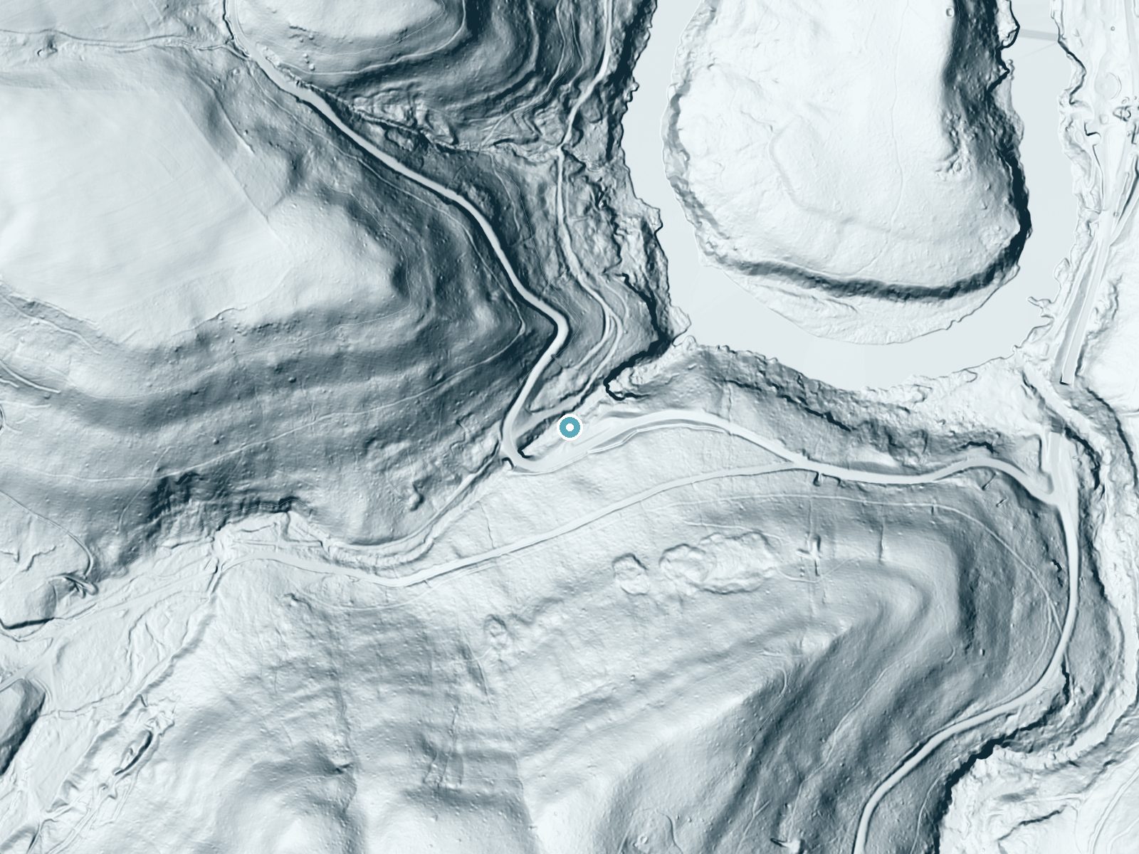 LiDAR bare-earth terrain around Cucumber Falls near Ohiopyle, Pennsylvania, showing about 98 feet of drop, a long cascade, facing northeast