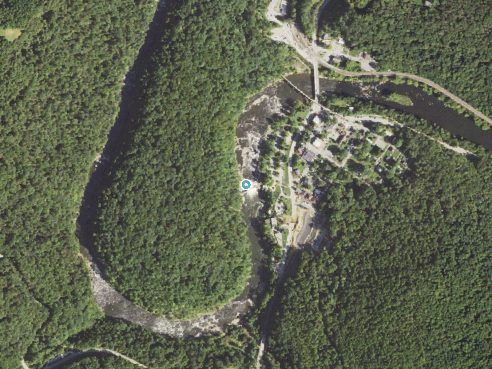 Aerial photo of the same ground around Ohiopyle Falls near Ohiopyle, Pennsylvania, for comparison with the lidar view