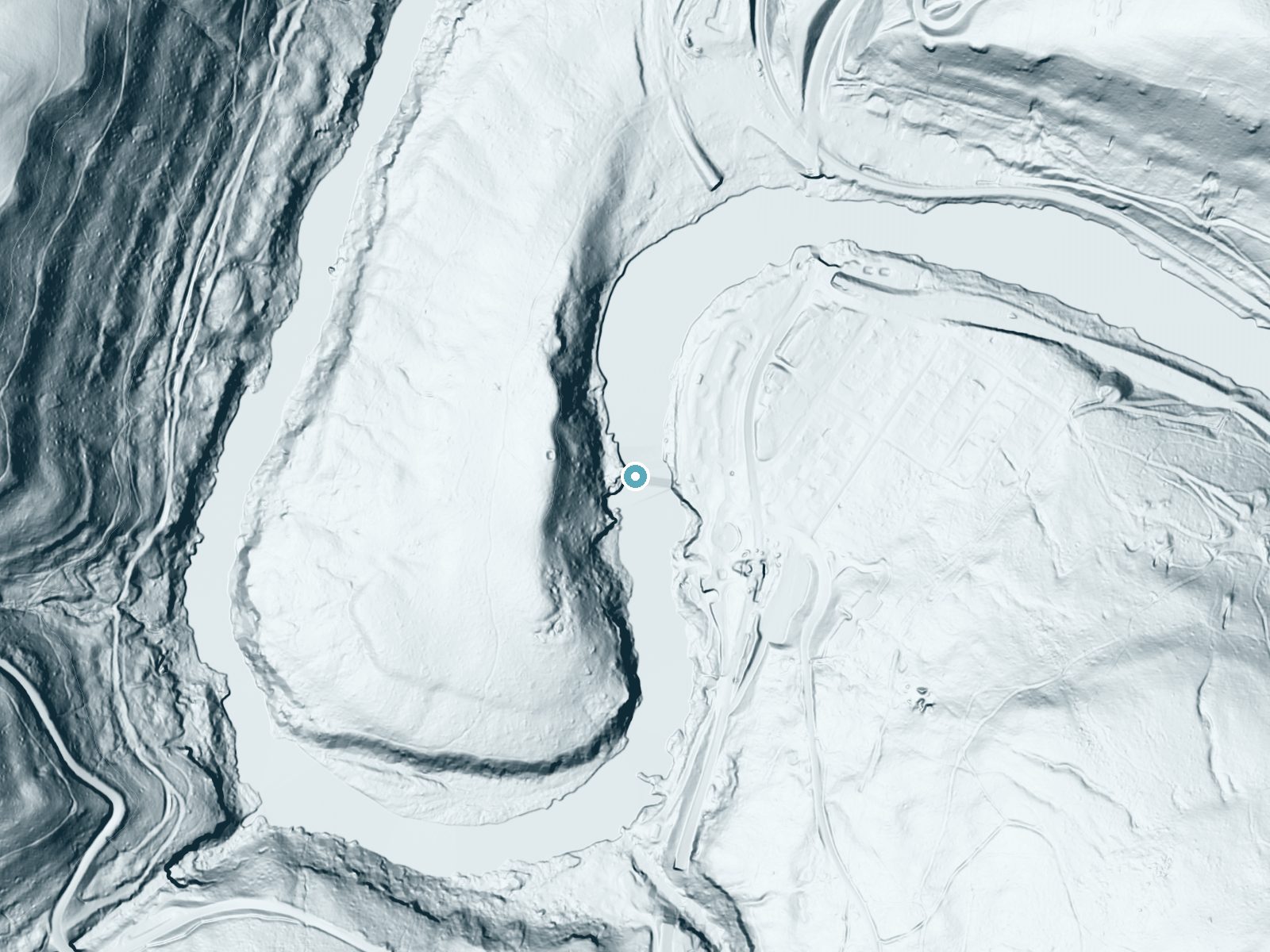 LiDAR bare-earth terrain around Ohiopyle Falls near Ohiopyle, Pennsylvania, showing about 104 feet of drop, a steep tiered drop, facing southeast
