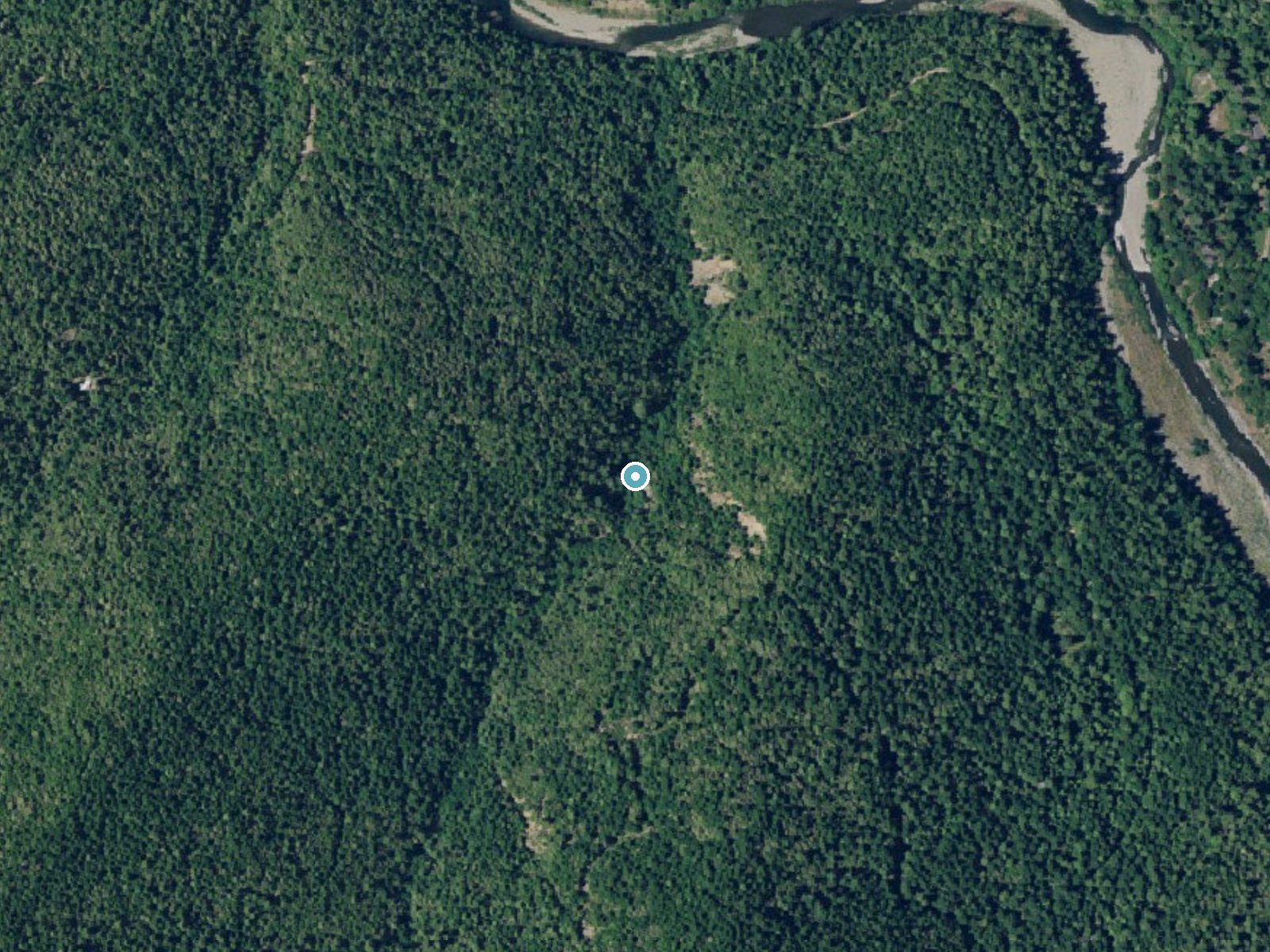 Aerial photo of the same ground around Mill Creek Falls near Leggett, California, for comparison with the lidar view