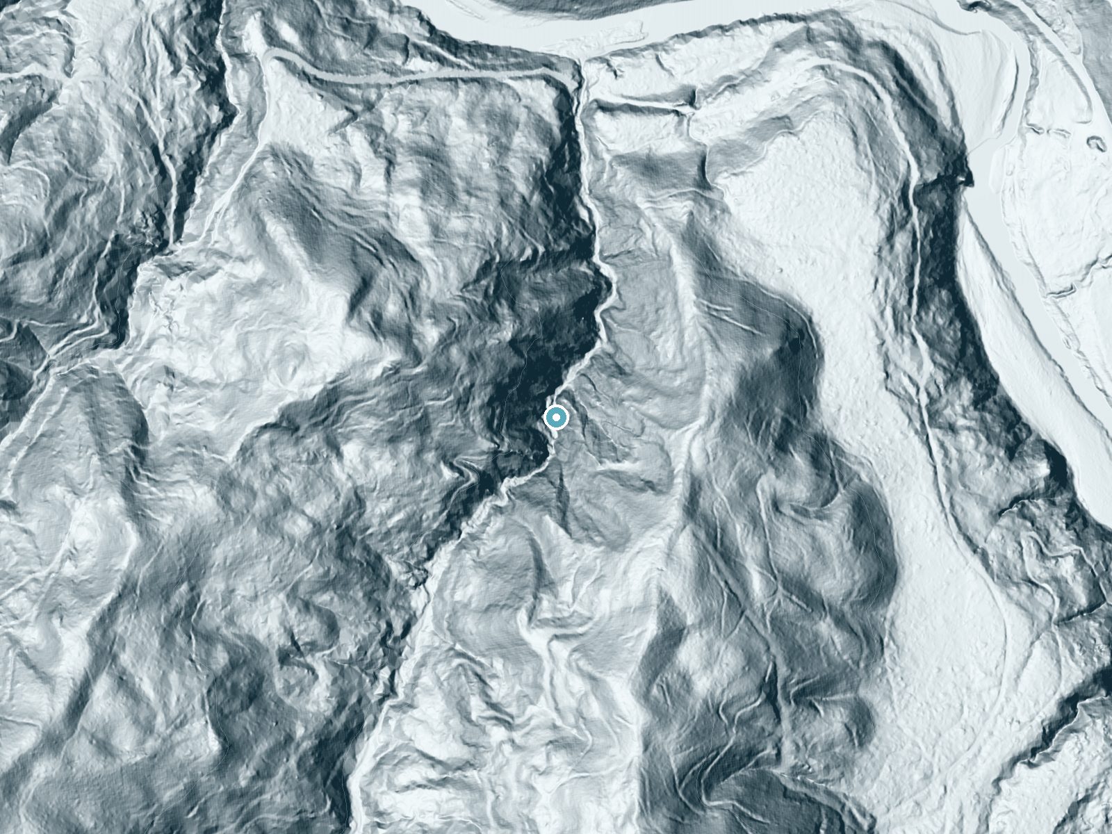 LiDAR bare-earth terrain around Mill Creek Falls near Leggett, California, showing about 243 feet of drop, a steep tiered drop, facing north