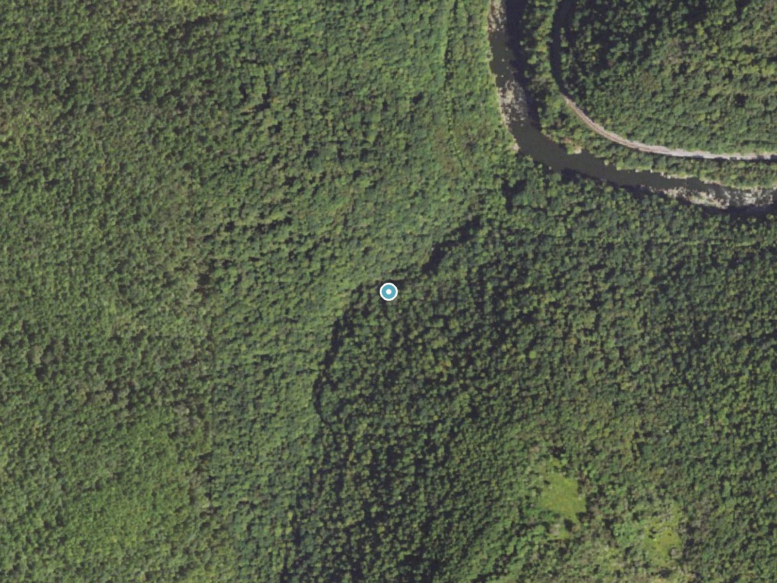 Aerial photo of the same ground around Jonathan Run Falls near Ohiopyle, Pennsylvania, for comparison with the lidar view