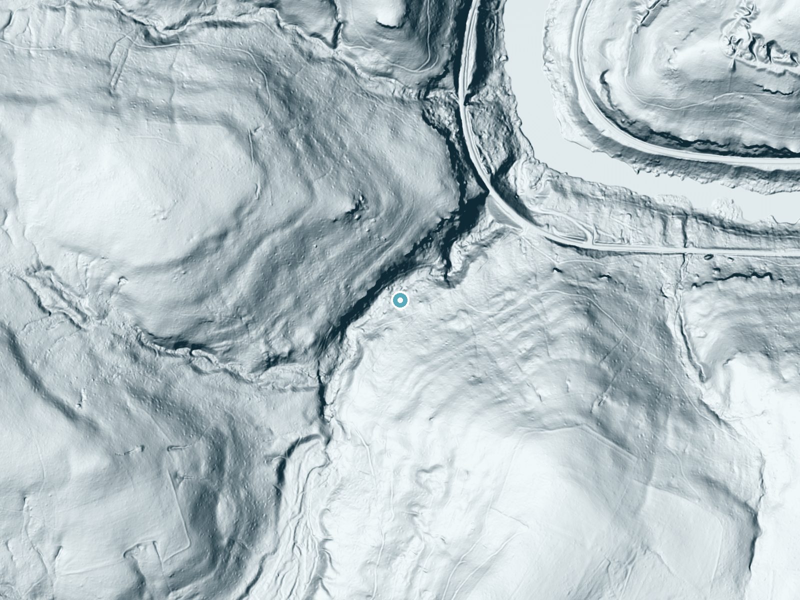 LiDAR bare-earth terrain around Jonathan Run Falls near Ohiopyle, Pennsylvania, showing about 125 feet of drop, a long cascade, facing northeast