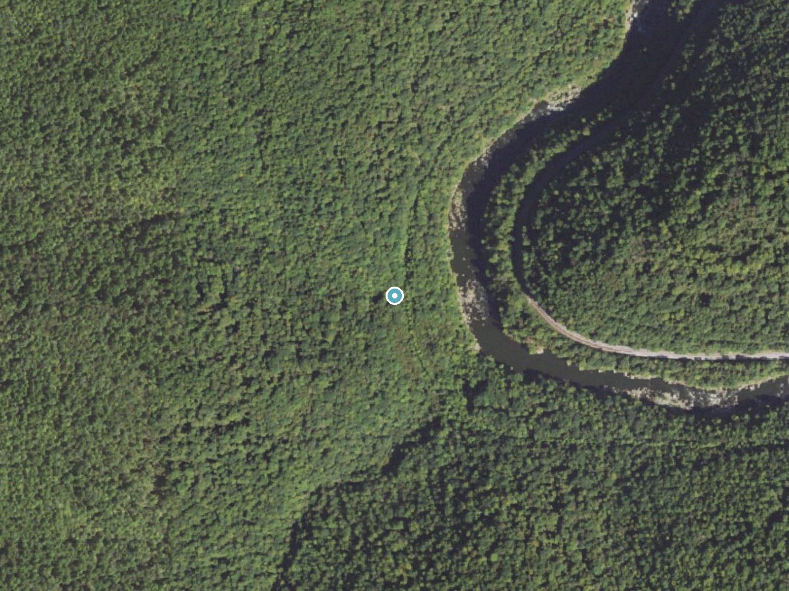 Aerial photo of the same ground around Sugar Run Falls near Ohiopyle, Pennsylvania, for comparison with the lidar view