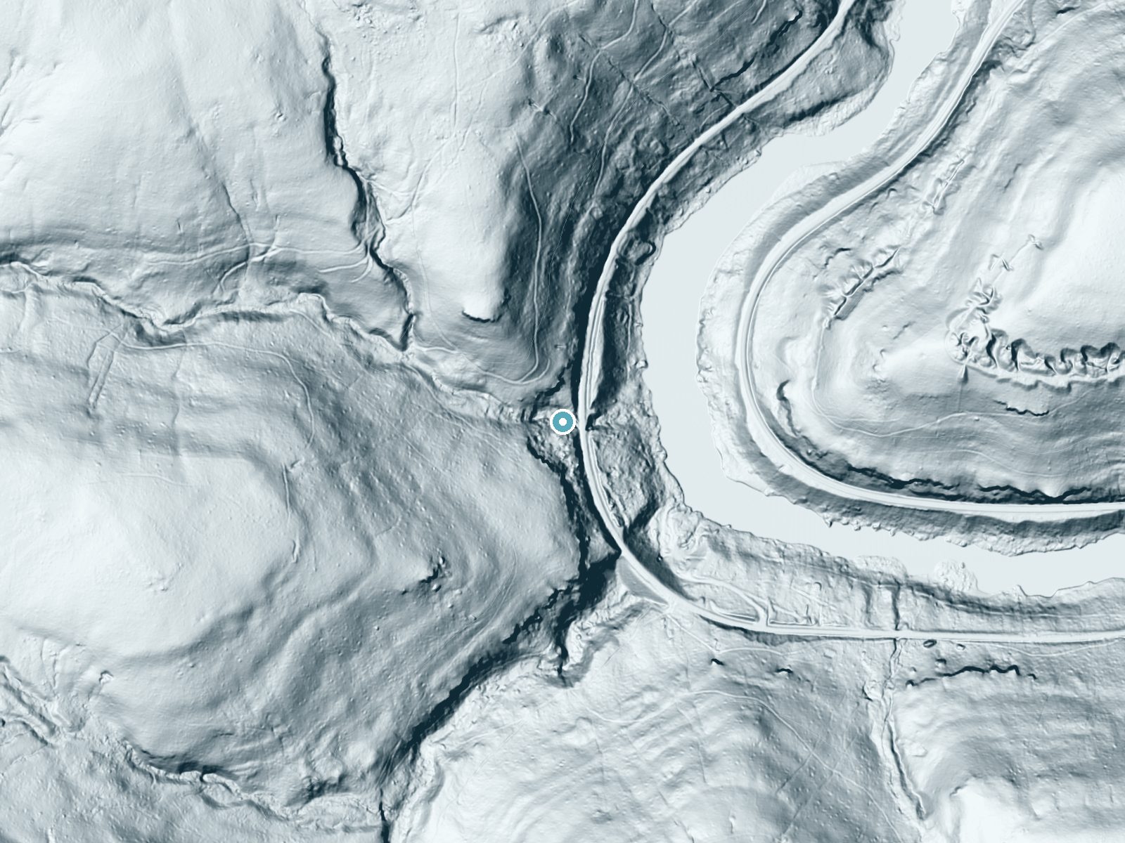 LiDAR bare-earth terrain around Sugar Run Falls near Ohiopyle, Pennsylvania, showing about 174 feet of drop, a long cascade, facing east
