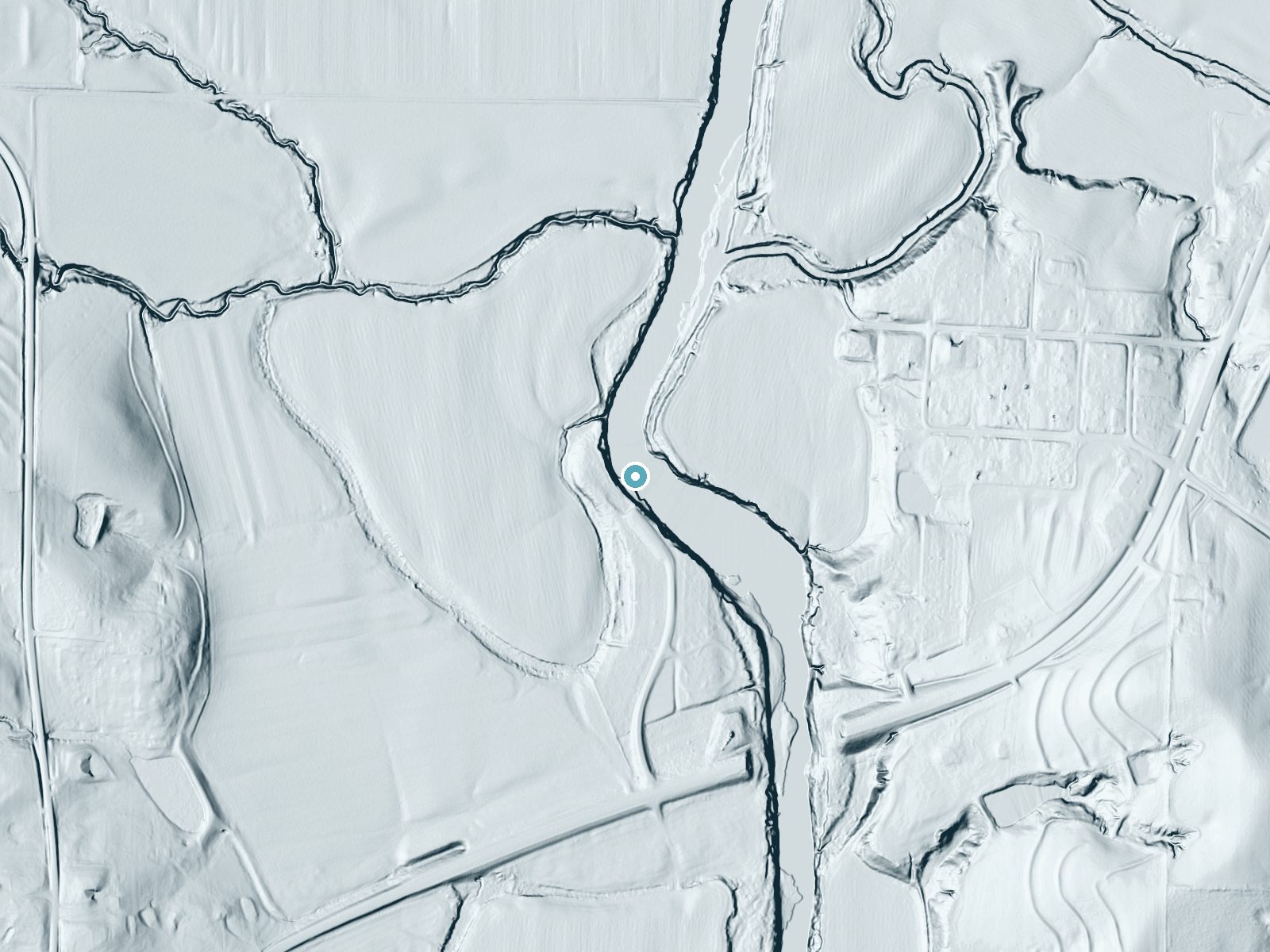 LiDAR bare-earth terrain around Rochester Falls near Cosby, Missouri, showing about 27 feet of drop, a long cascade, facing northeast