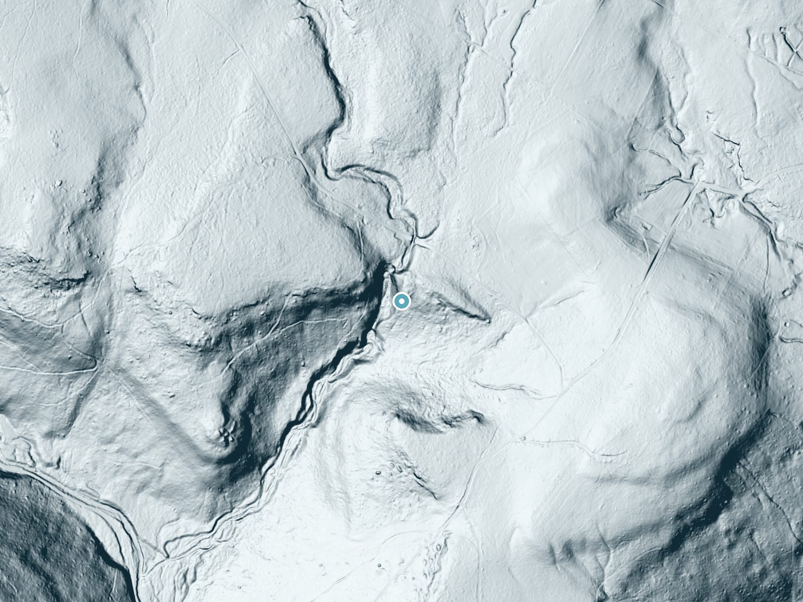 LiDAR bare-earth terrain around Cole Run Falls near Seven Springs, Pennsylvania, showing about 124 feet of drop, a long cascade, facing southwest
