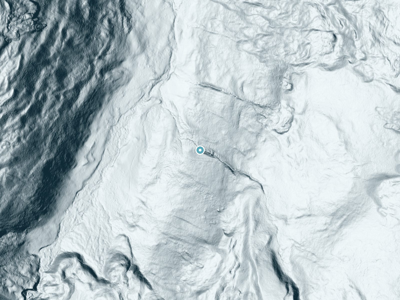 LiDAR bare-earth terrain around Bessies Falls near No Name, Colorado, showing about 231 feet of drop, a steep tiered drop, facing west