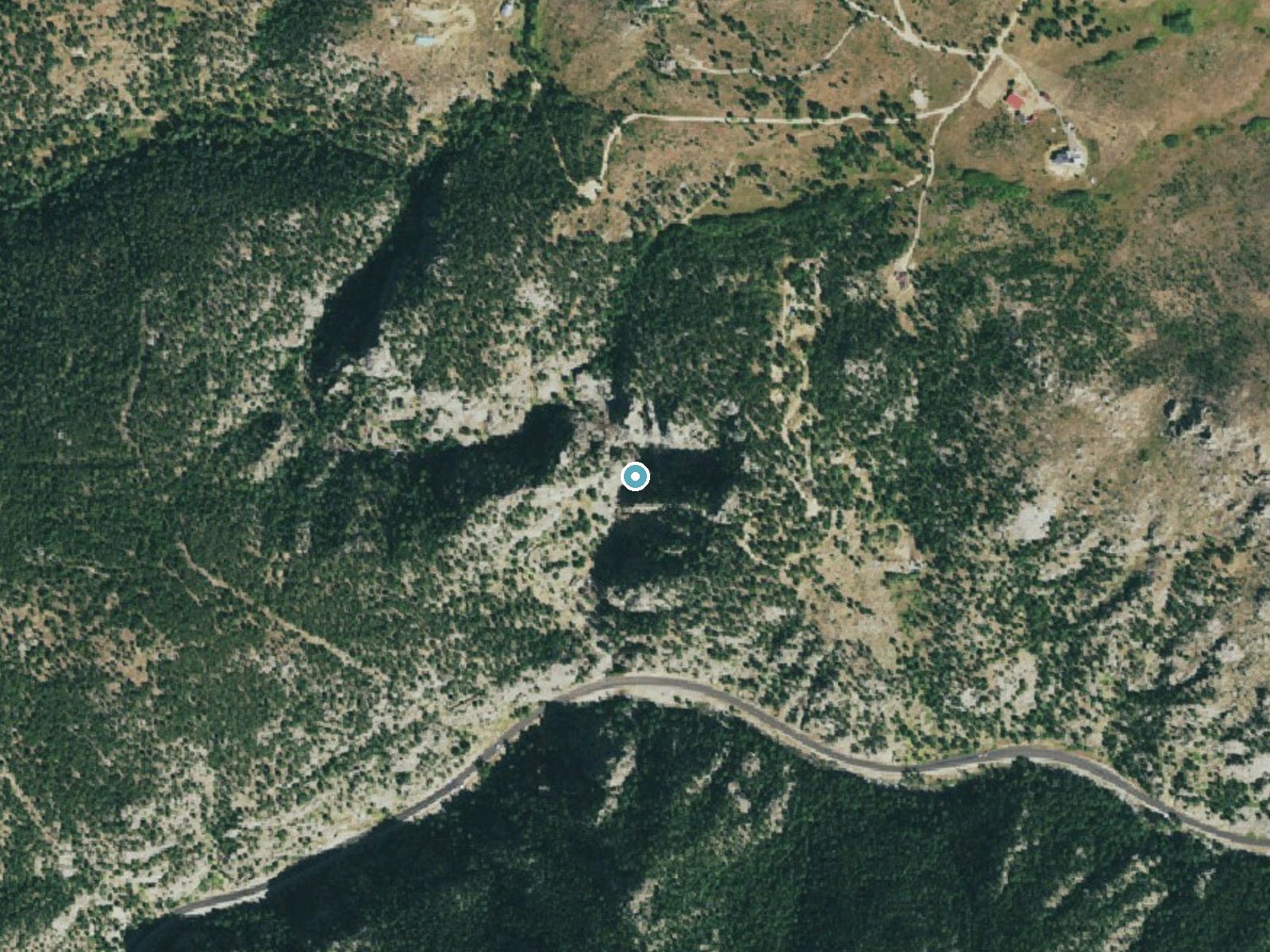 Aerial photo of the same ground around Boulder Falls near Sugarloaf, Colorado, for comparison with the lidar view