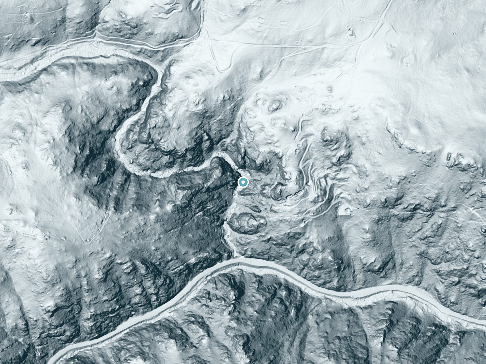 LiDAR bare-earth terrain around Boulder Falls near Sugarloaf, Colorado, showing about 404 feet of drop, a single sheer drop, facing southwest