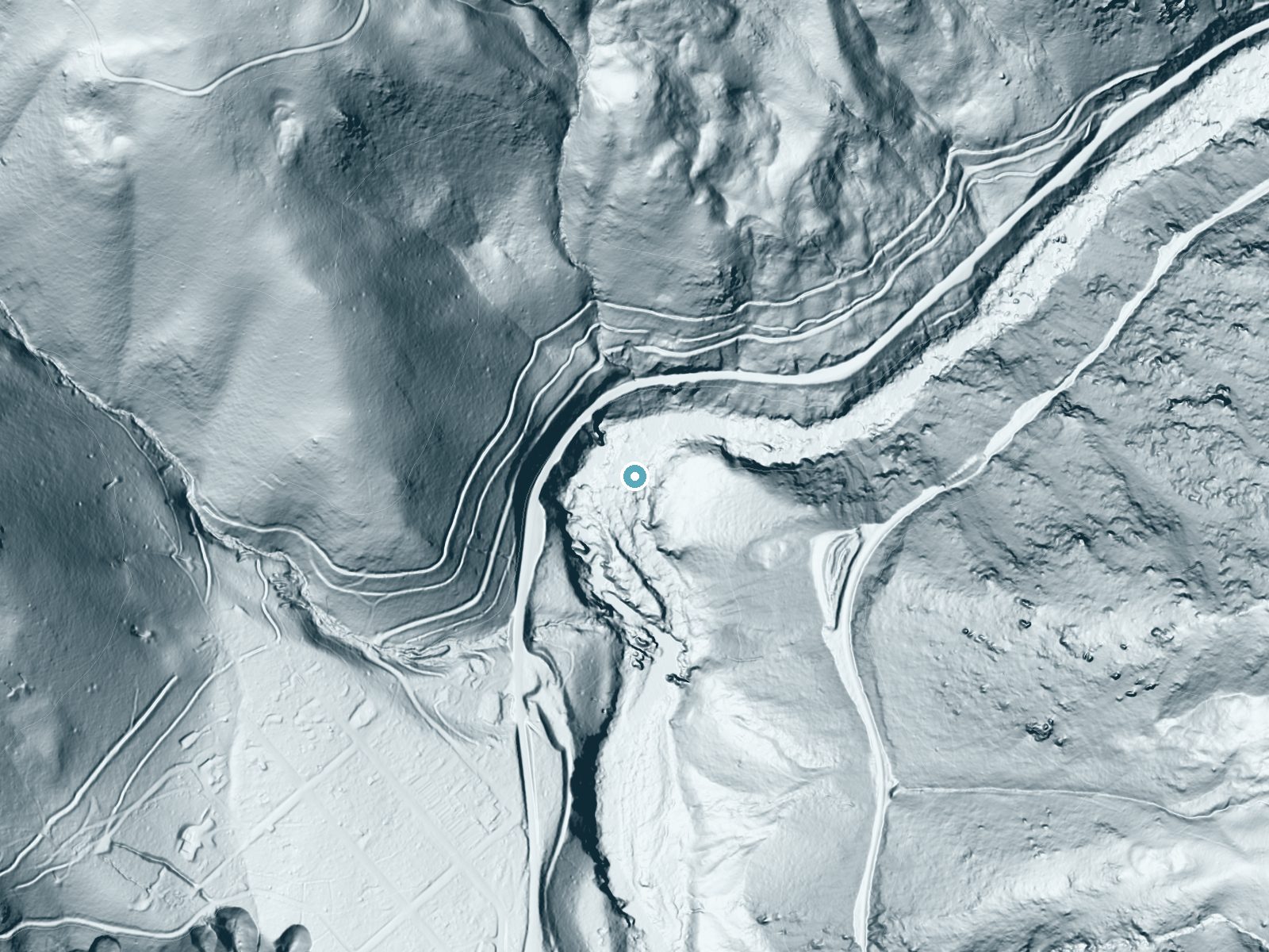 LiDAR bare-earth terrain around Indian Falls near Keddie, California, showing about 75 feet of drop, a long cascade, facing west