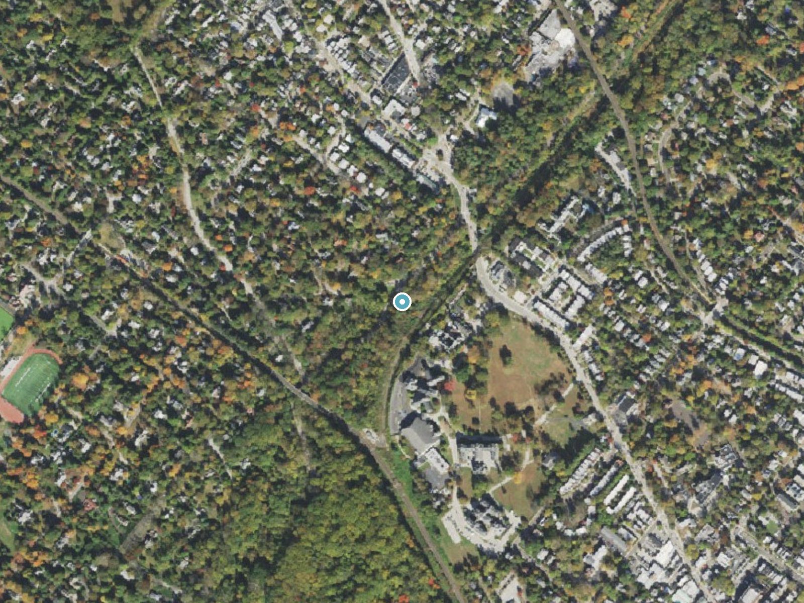 Aerial photo of the same ground around The Grotto near Wyndmoor, Pennsylvania, for comparison with the lidar view