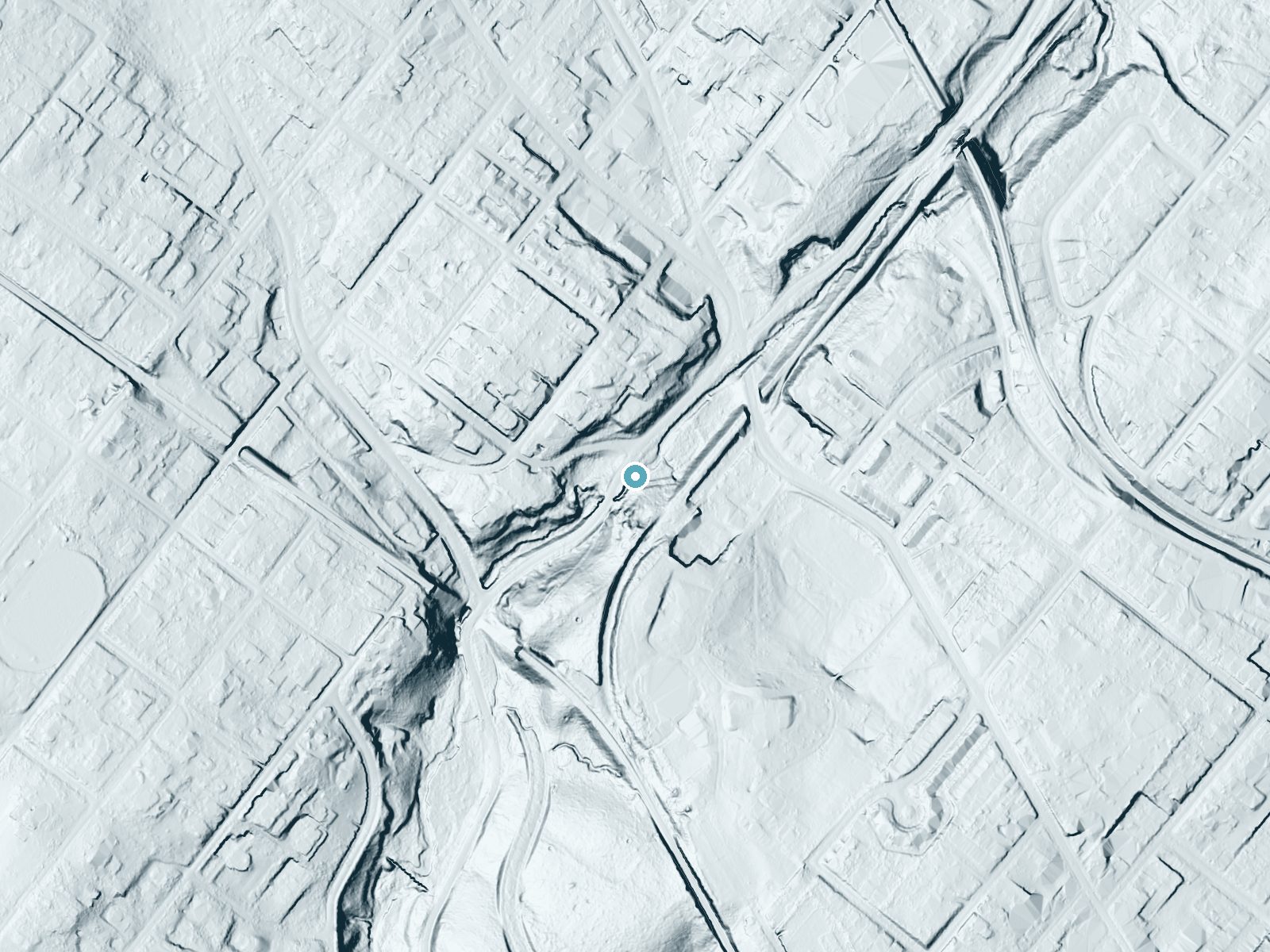 LiDAR bare-earth terrain around The Grotto near Wyndmoor, Pennsylvania, showing about 51 feet of drop, a long cascade, facing northwest