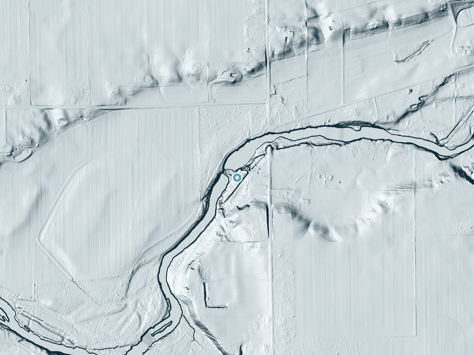 LiDAR bare-earth terrain around Greenville Falls near Covington, Ohio, showing about 37 feet of drop, a long cascade, facing northwest
