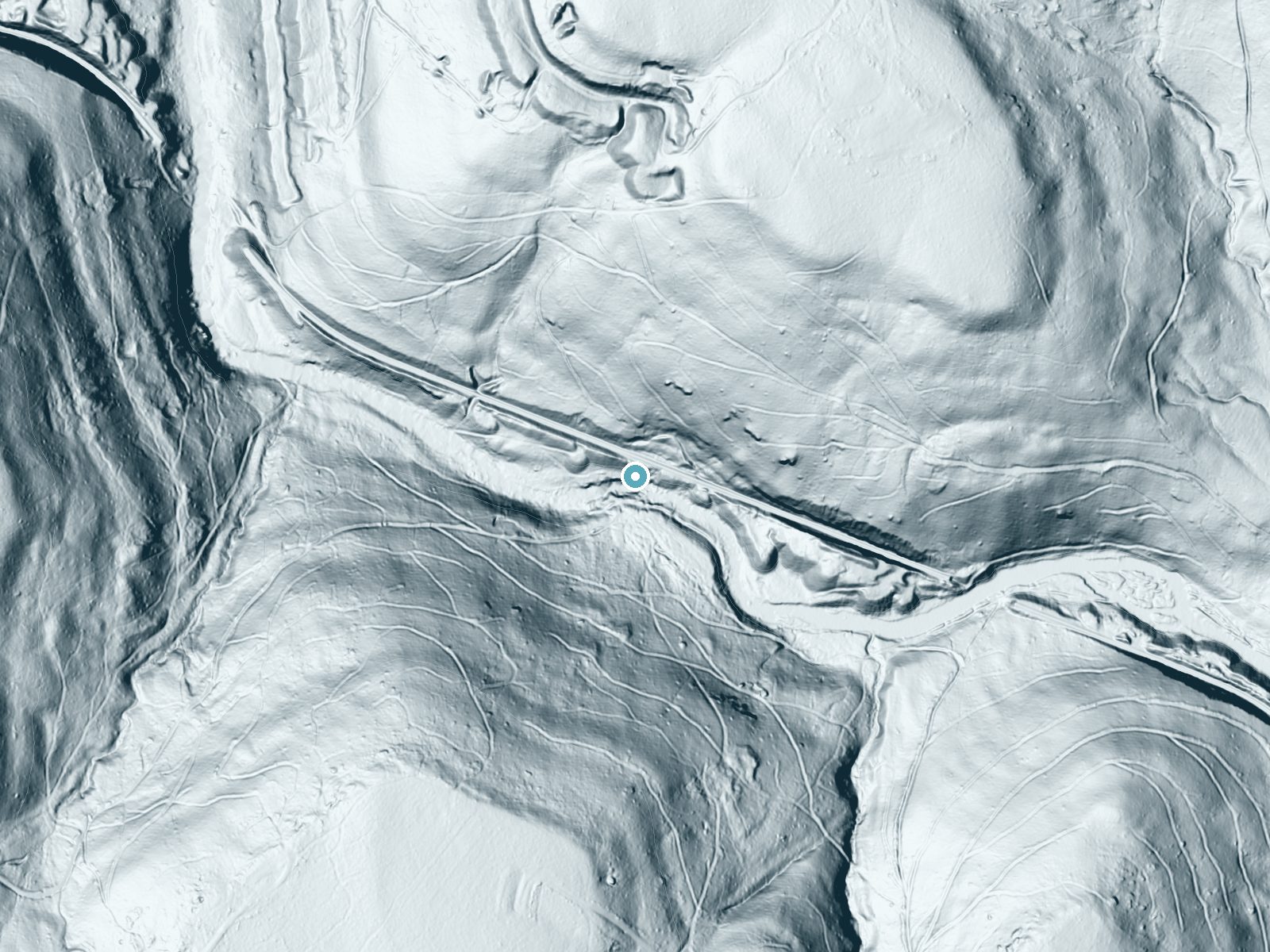 LiDAR bare-earth terrain around Creek Falls near Dawson, Pennsylvania, showing about 127 feet of drop, a steep tiered drop, facing south