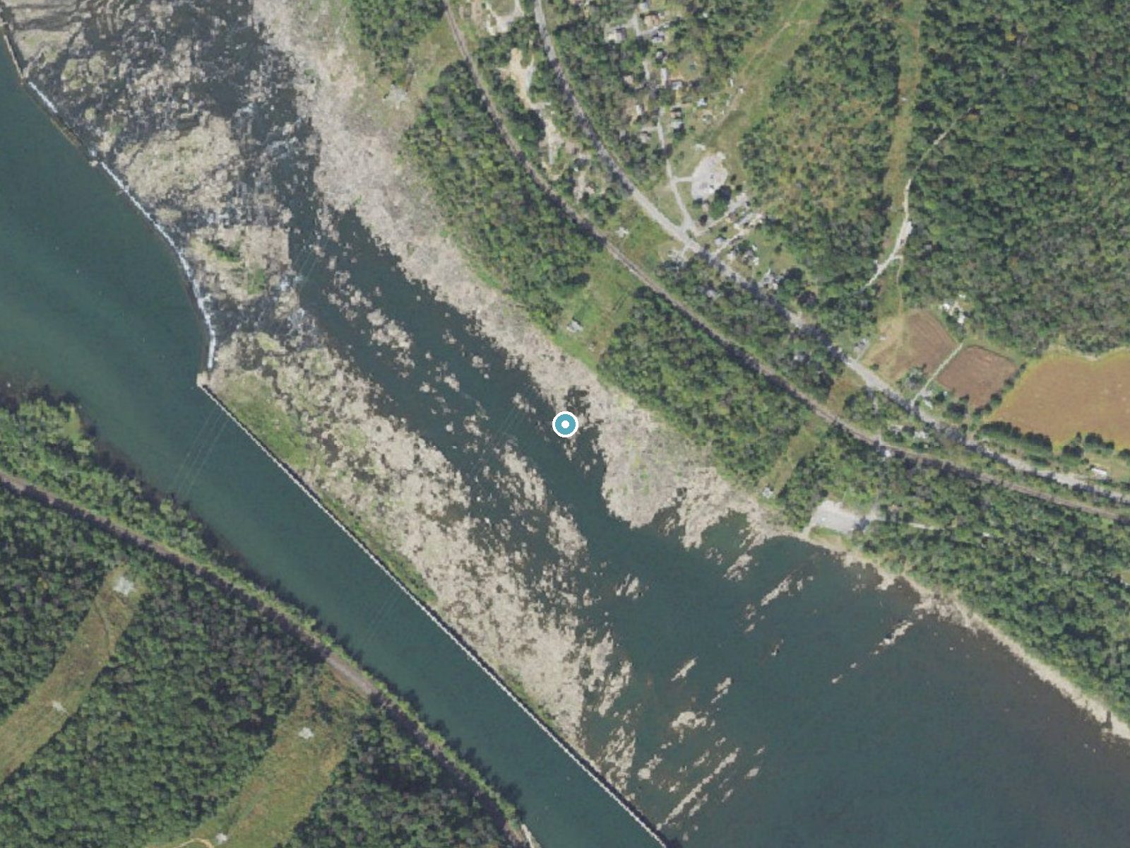 Aerial photo of the same ground around Conewago Falls near York Haven, Pennsylvania, for comparison with the lidar view