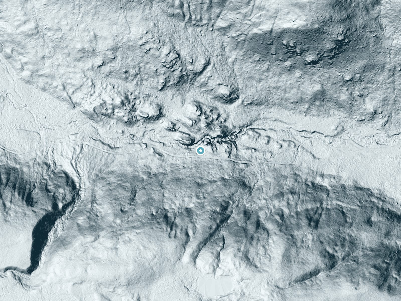 LiDAR bare-earth terrain around Timberline Falls near Hidden Lake, Colorado, showing about 80 feet of drop, a long cascade, facing northeast