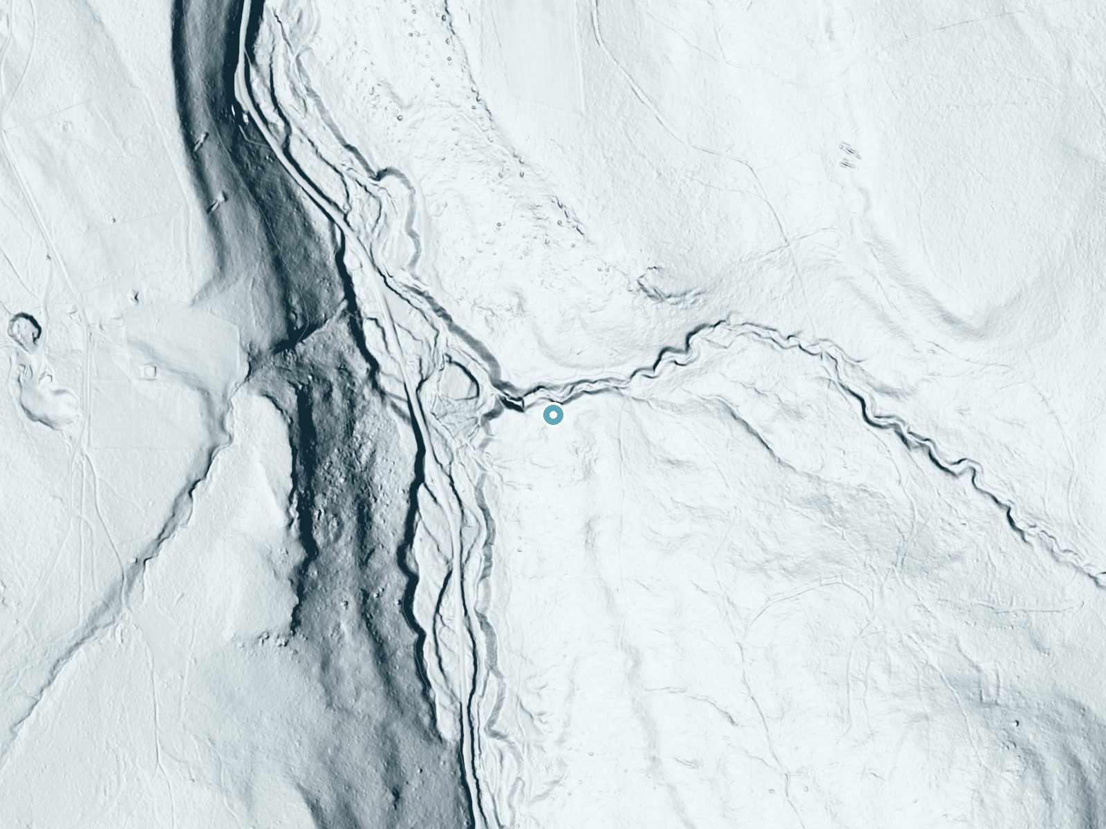 LiDAR bare-earth terrain around Adams Falls near Laurel Mountain, Pennsylvania, showing about 116 feet of drop, a long cascade, facing west