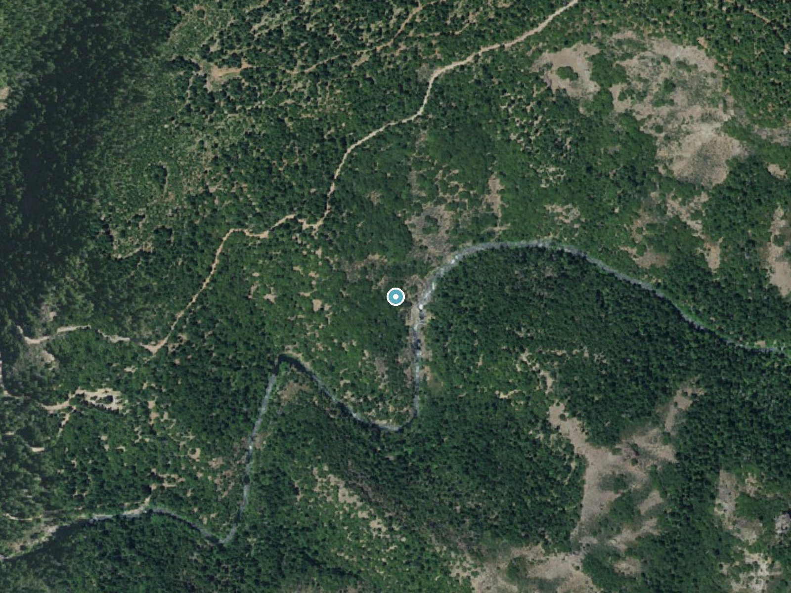 Aerial photo of the same ground around Lower Deer Creek Falls near Mineral, California, for comparison with the lidar view