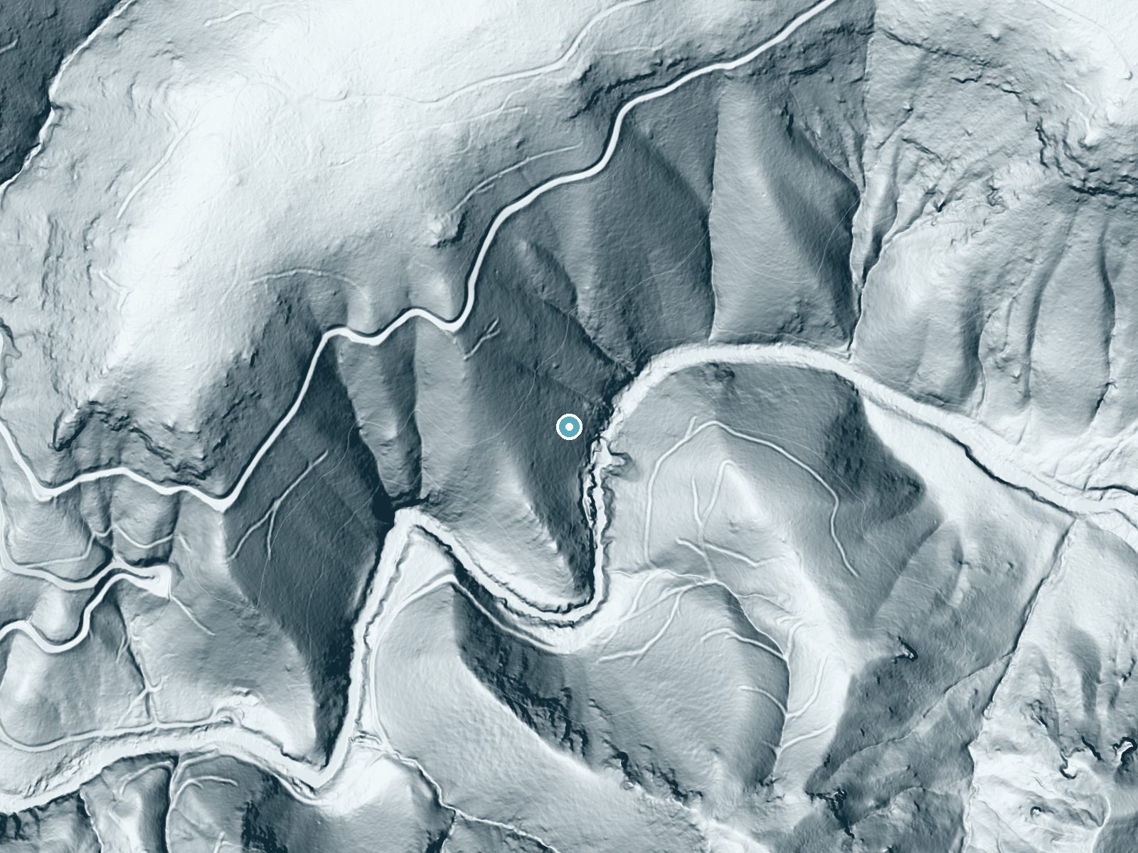 LiDAR bare-earth terrain around Lower Deer Creek Falls near Mineral, California, showing about 273 feet of drop, a steep tiered drop, facing southeast