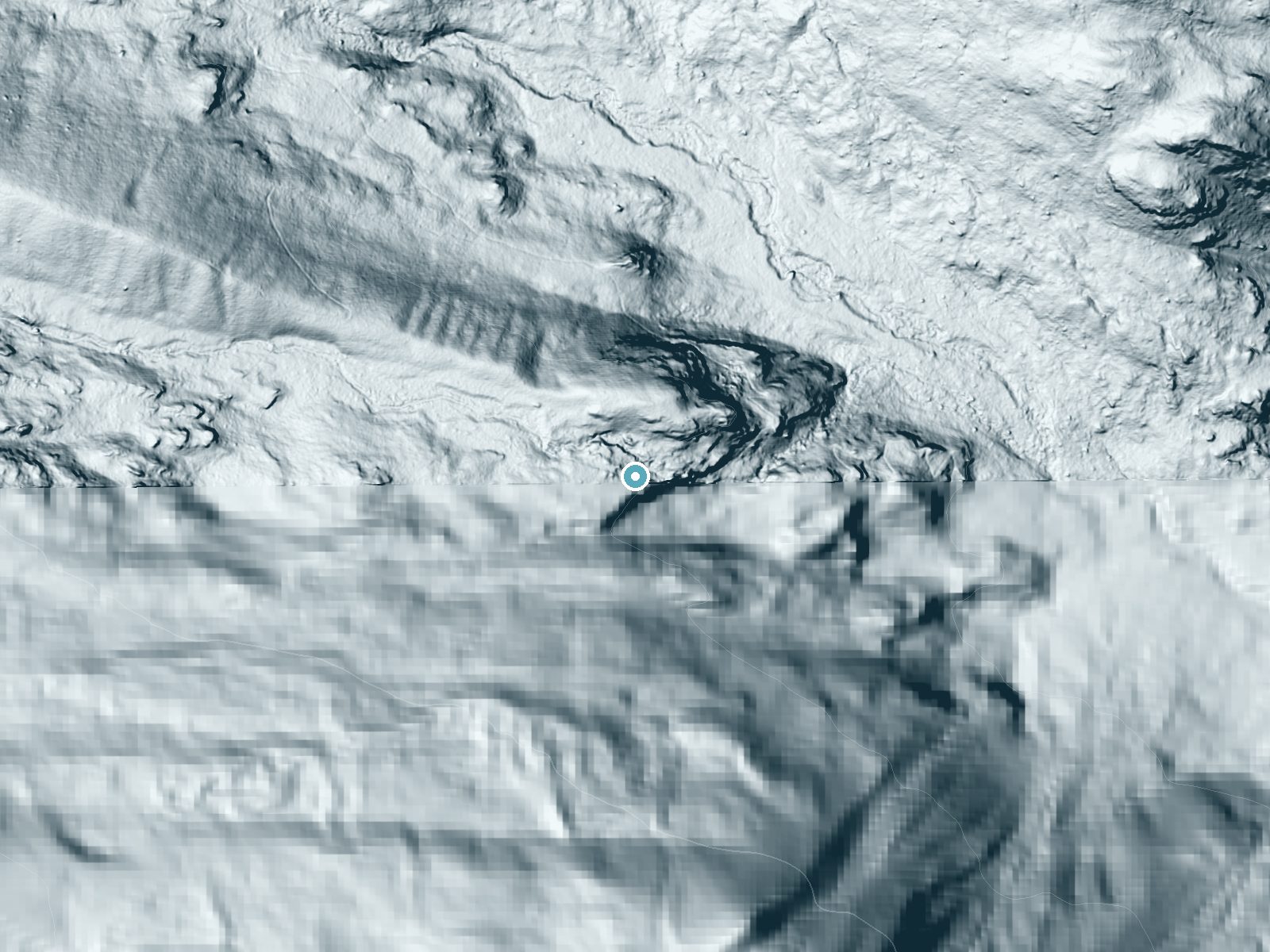LiDAR bare-earth terrain around Ouzel Falls near Allenspark, Colorado, showing about 141 feet of drop, a steep tiered drop, facing southeast
