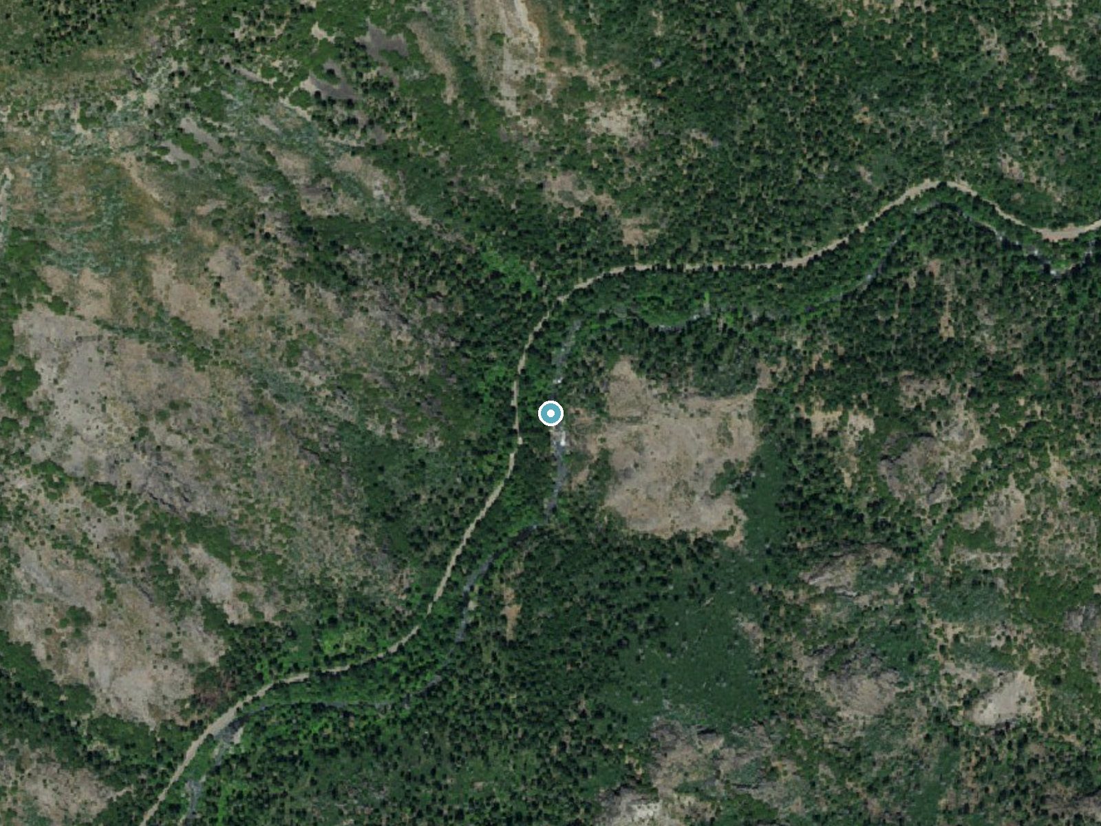 Aerial photo of the same ground around Deer Creek Falls near Mineral, California, for comparison with the lidar view