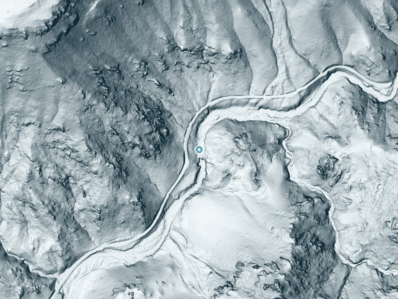 LiDAR bare-earth terrain around Deer Creek Falls near Mineral, California, showing about 109 feet of drop, a long cascade, facing southeast