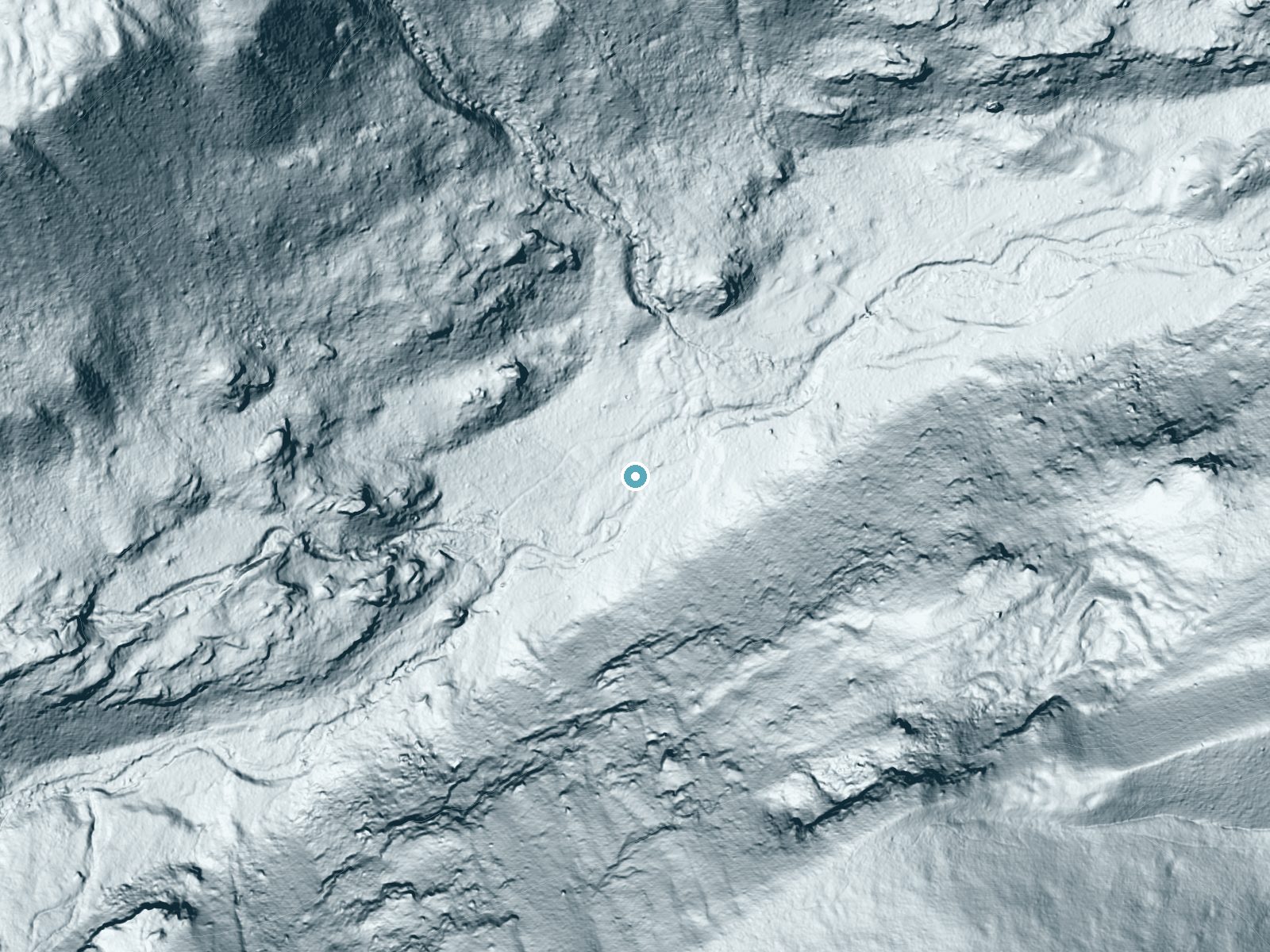 LiDAR bare-earth terrain around Copeland Falls near Allenspark, Colorado, showing about 22 feet of drop, a long cascade, facing east
