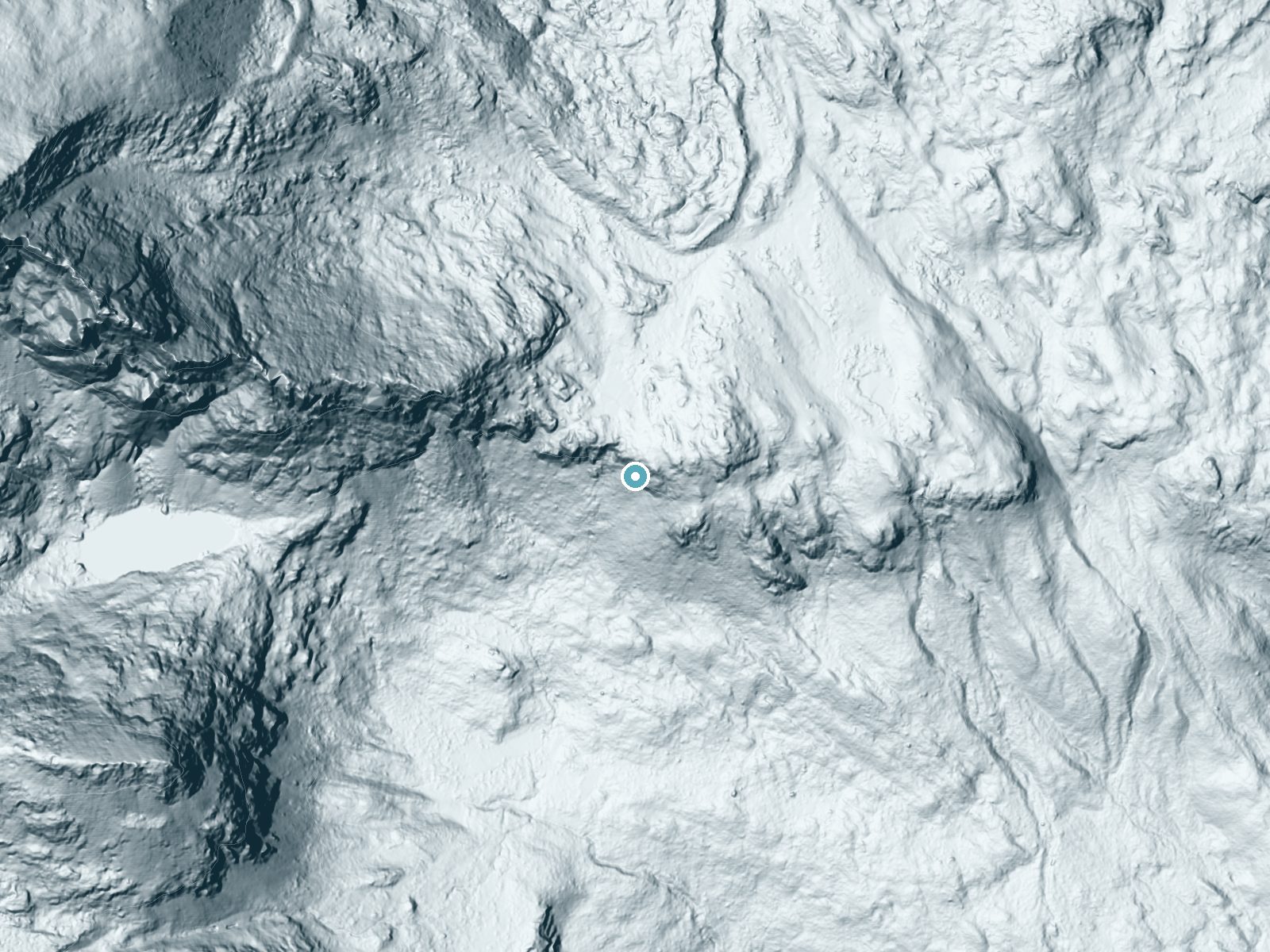 LiDAR bare-earth terrain around Fan Falls near Allenspark, Colorado, showing about 283 feet of drop, a steep tiered drop, facing southwest
