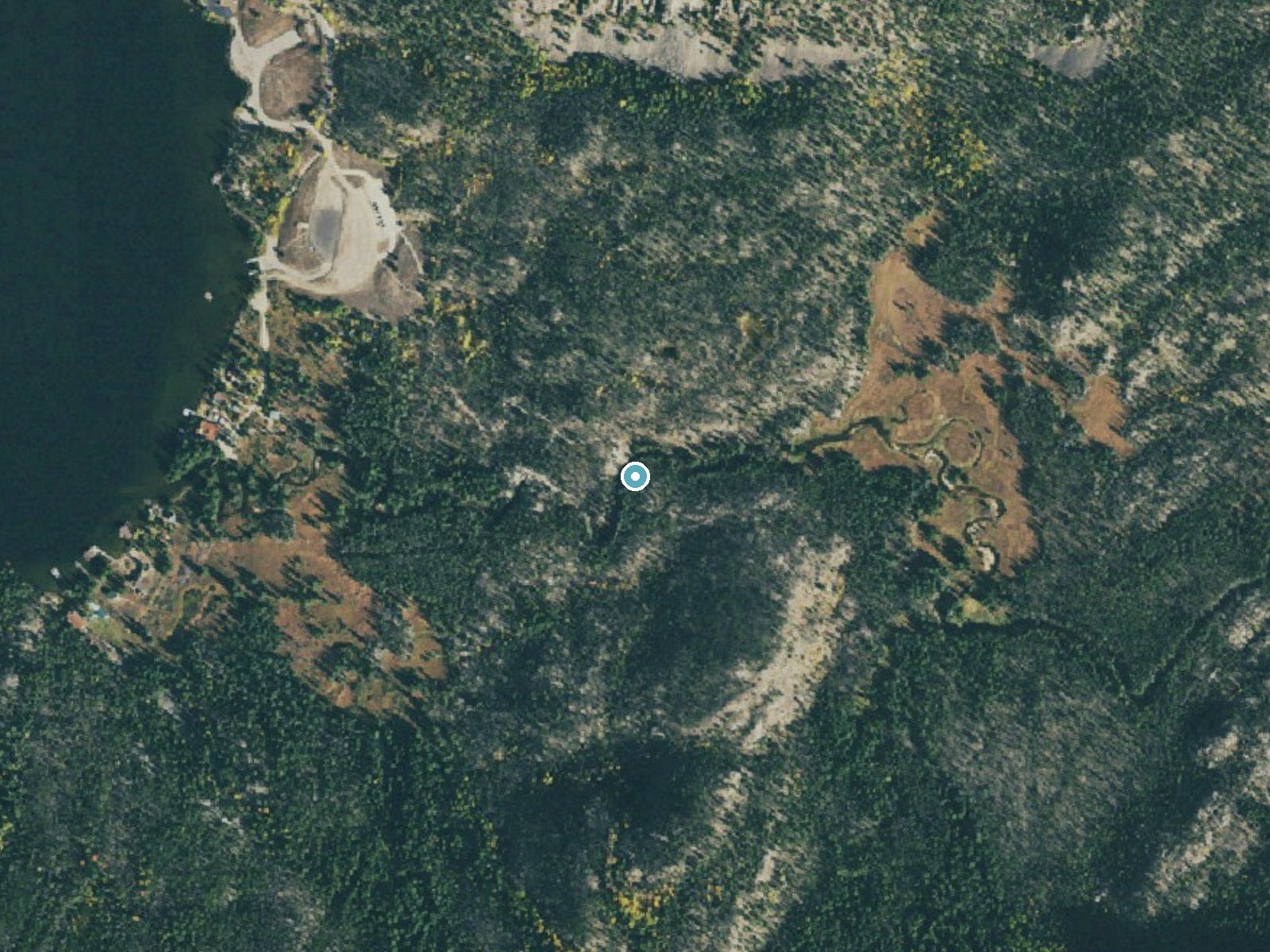 Aerial photo of the same ground around Adams Falls near Grand Lake, Colorado, for comparison with the lidar view