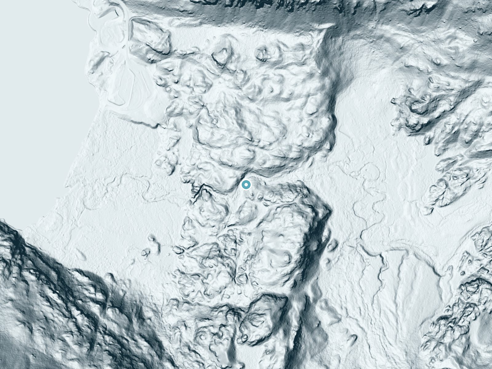 LiDAR bare-earth terrain around Adams Falls near Grand Lake, Colorado, showing about 67 feet of drop, a steep tiered drop, facing southwest