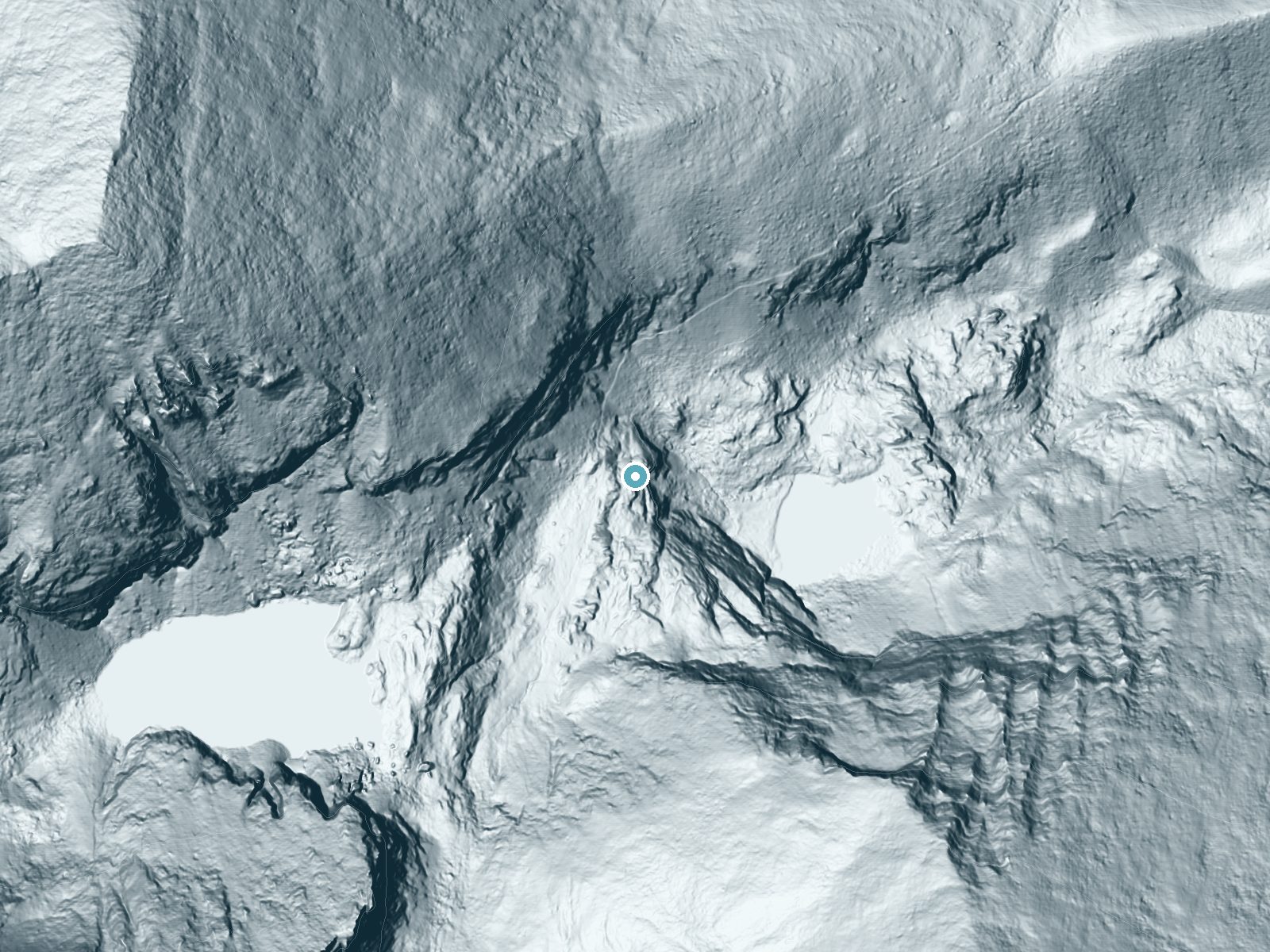 LiDAR bare-earth terrain around Columbine Falls near Allenspark, Colorado, showing about 264 feet of drop, a steep tiered drop, facing east