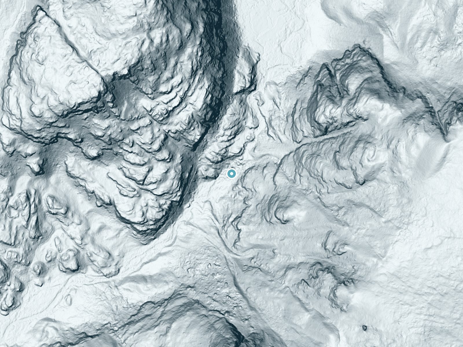 LiDAR bare-earth terrain around Cascade Falls near Grand Lake, Colorado, showing about 210 feet of drop, a long cascade, facing southwest
