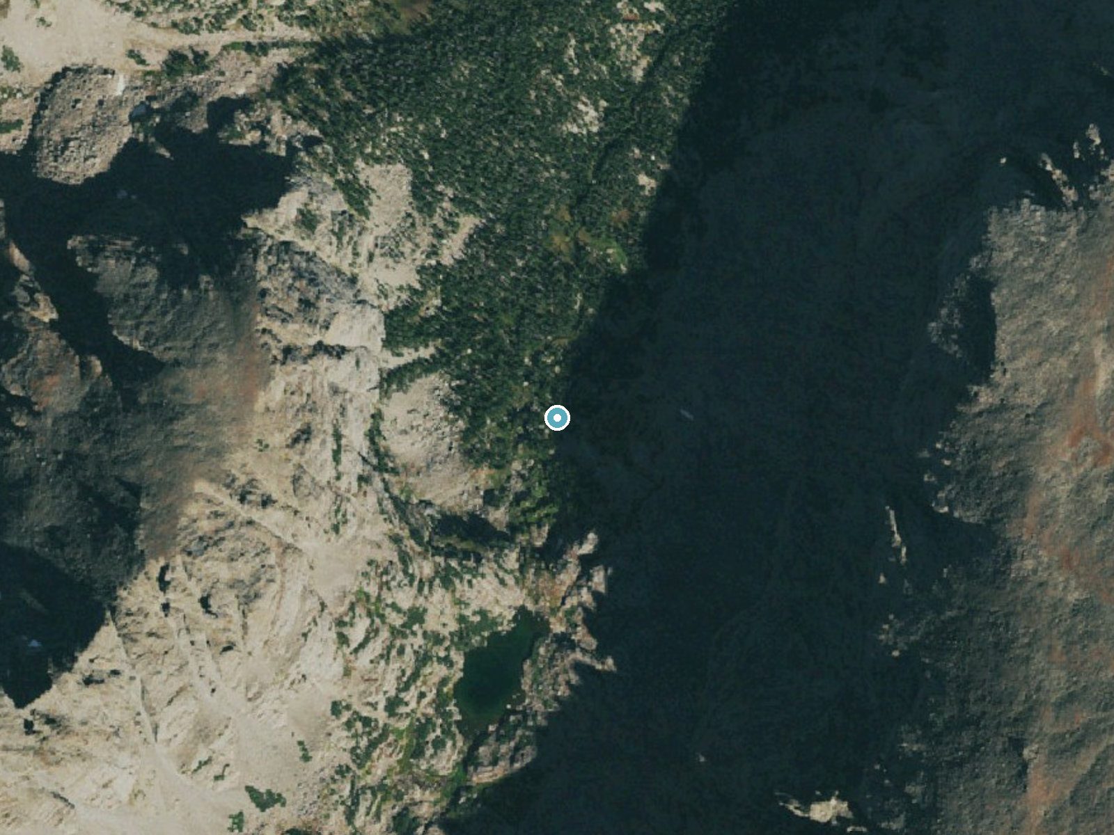 Aerial photo of the same ground around Timberline Falls near Grand Lake, Colorado, for comparison with the lidar view