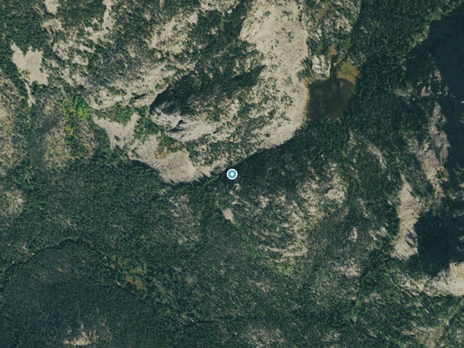 Aerial photo of the same ground around War Dance Falls near Grand Lake, Colorado, for comparison with the lidar view