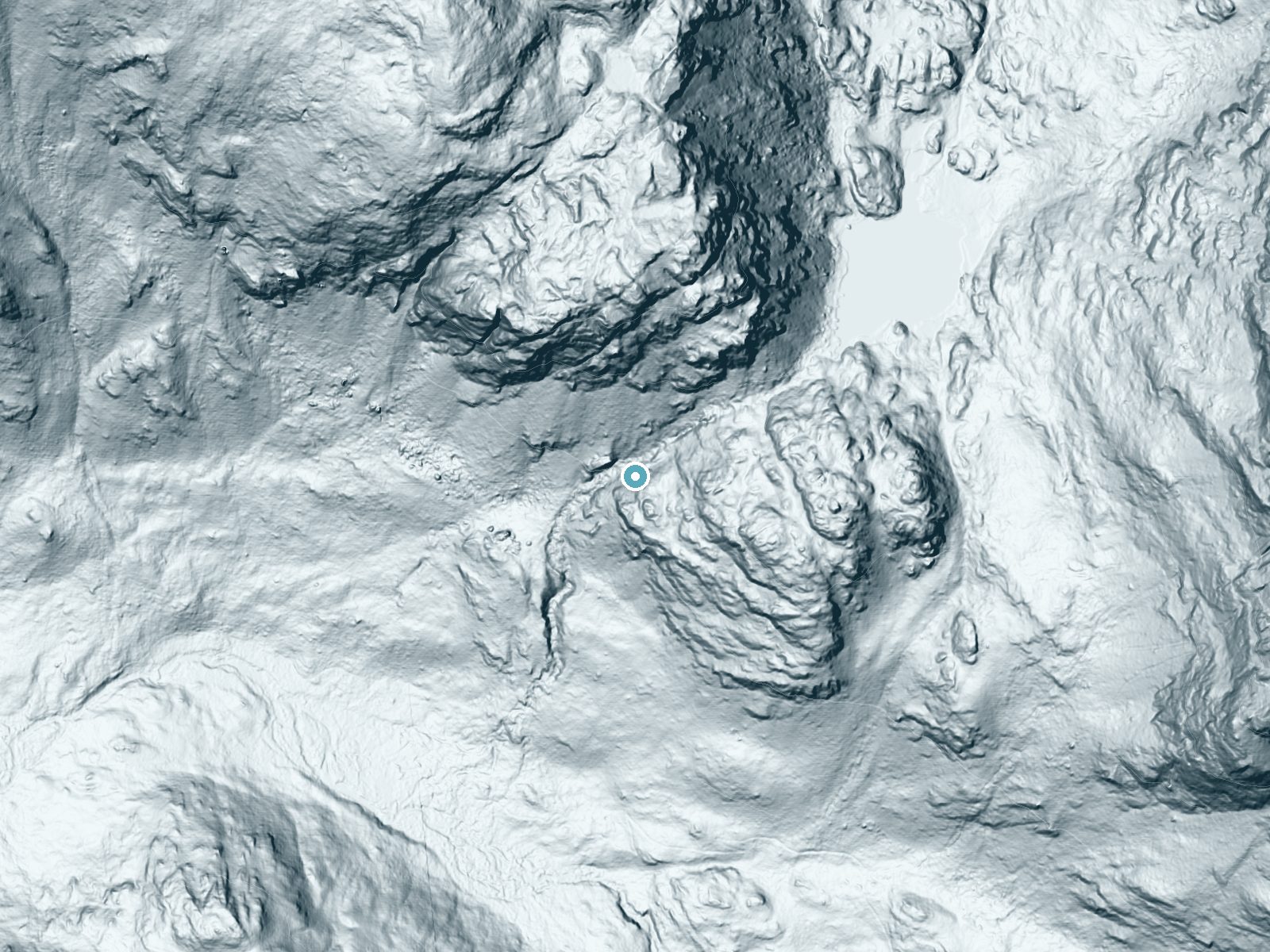 LiDAR bare-earth terrain around War Dance Falls near Grand Lake, Colorado, showing about 322 feet of drop, a steep tiered drop, facing west