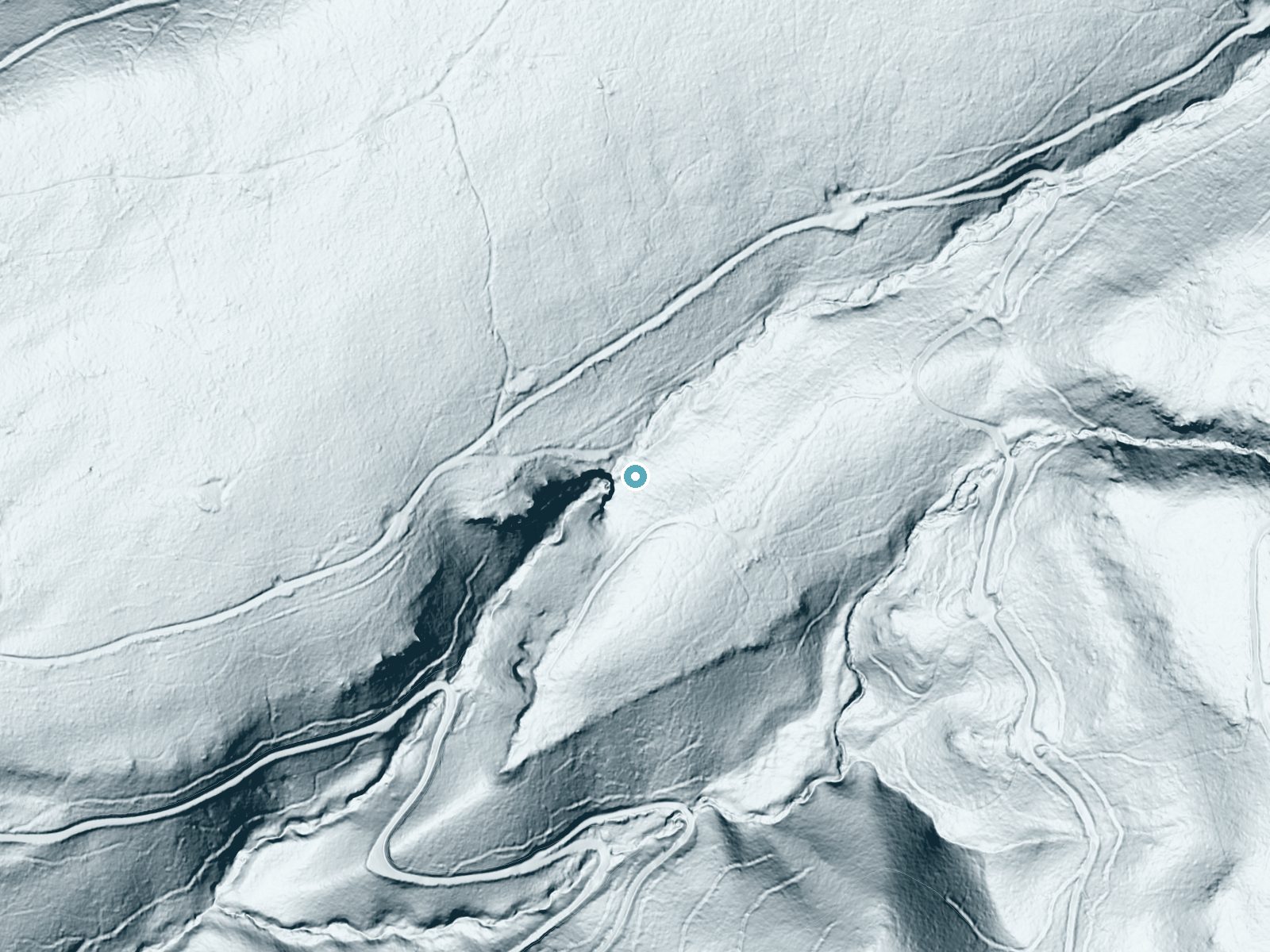 LiDAR bare-earth terrain around Deadhorse Falls near Mineral, California, showing about 181 feet of drop, a long cascade, facing west