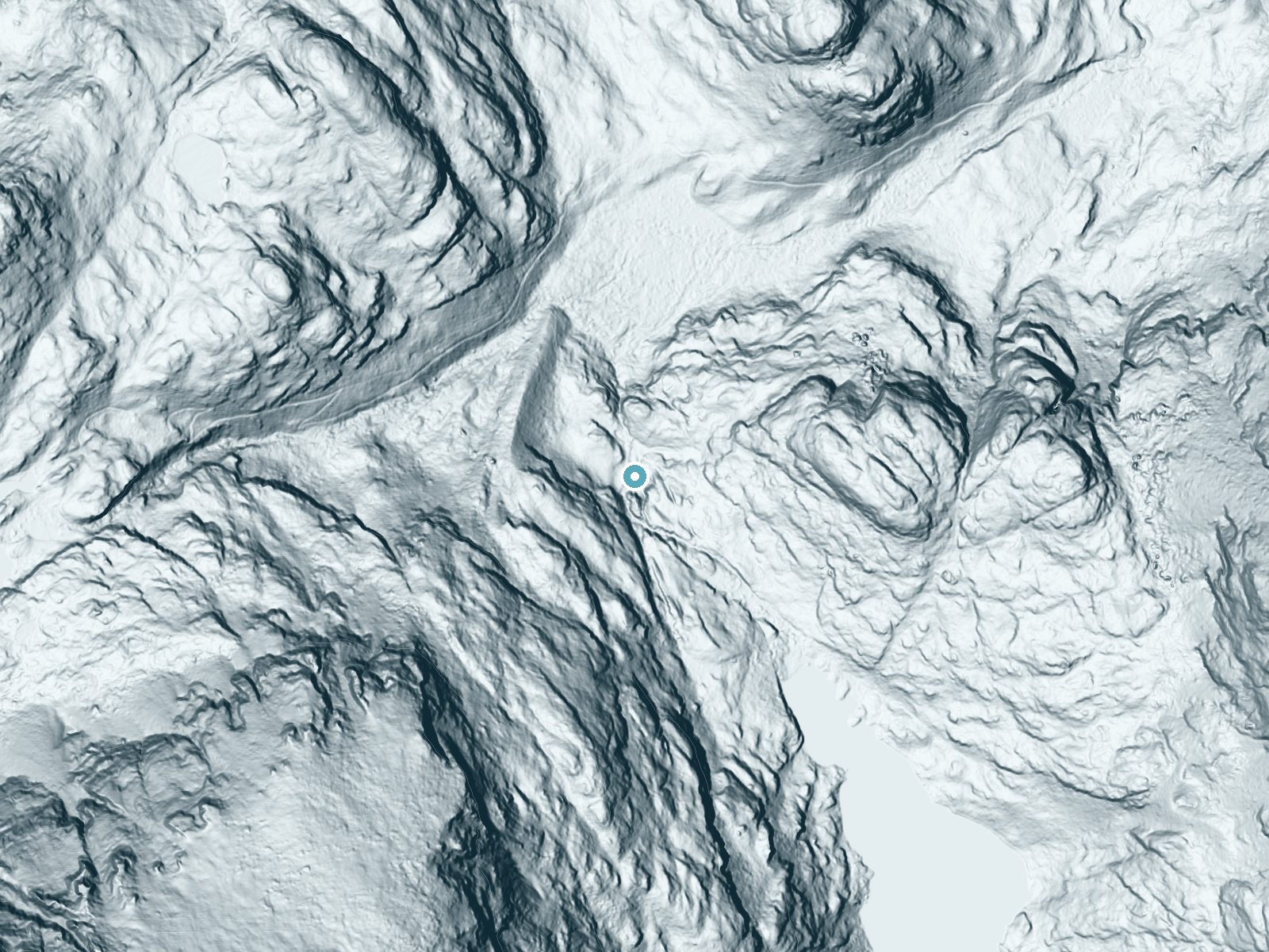 LiDAR bare-earth terrain around Glacier Falls near Estes Park, Colorado, showing about 162 feet of drop, a steep tiered drop, facing north