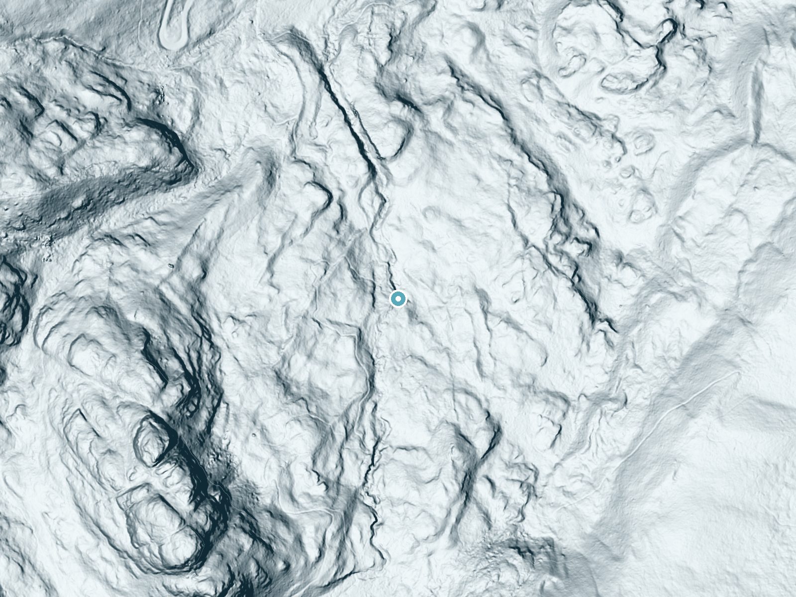 LiDAR bare-earth terrain around Alberta Falls near Estes Park, Colorado, showing about 99 feet of drop, a long cascade, facing north