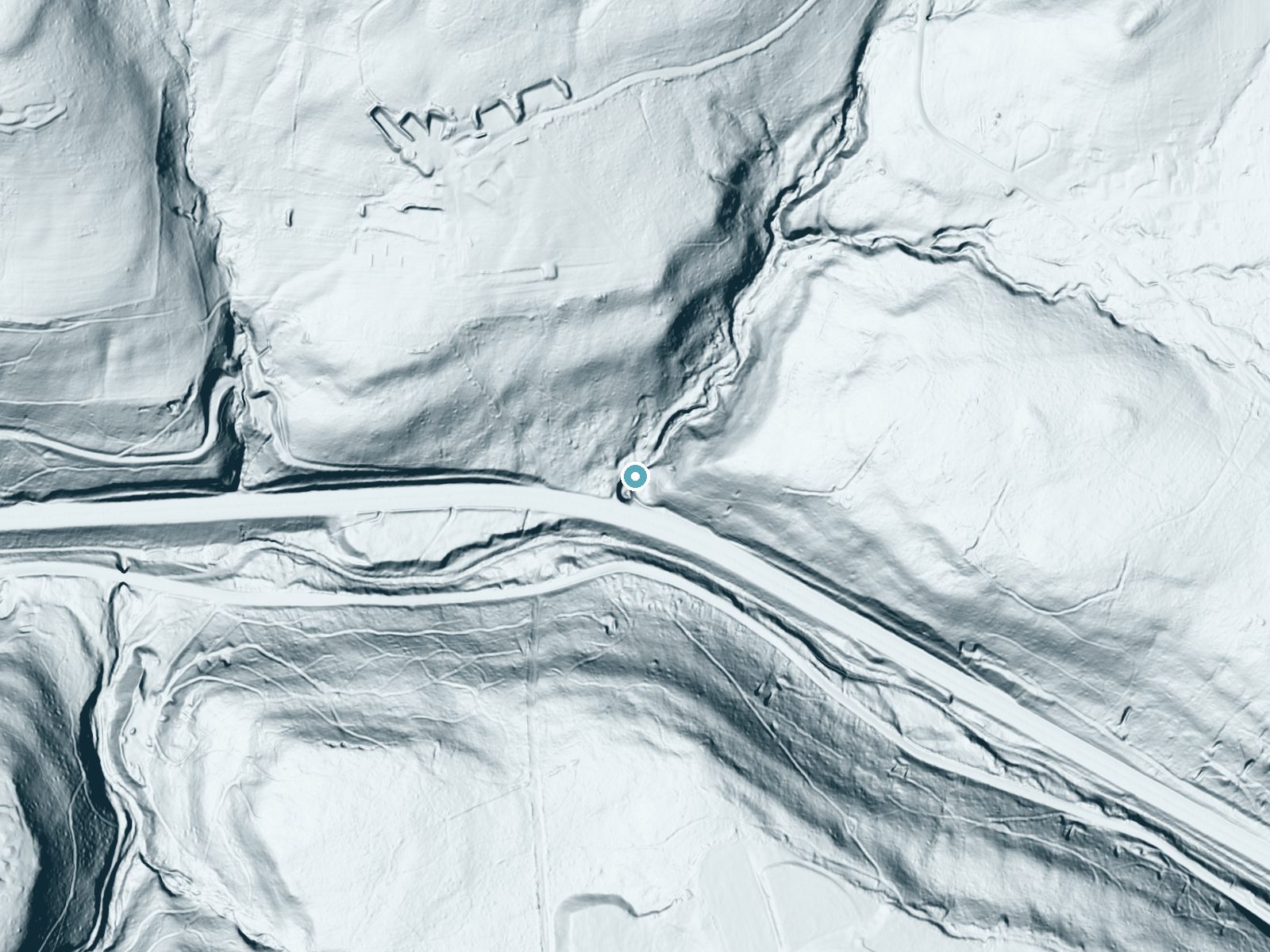 LiDAR bare-earth terrain around White Tail Falls near Geistown, Pennsylvania, showing about 134 feet of drop, a long cascade, facing southwest