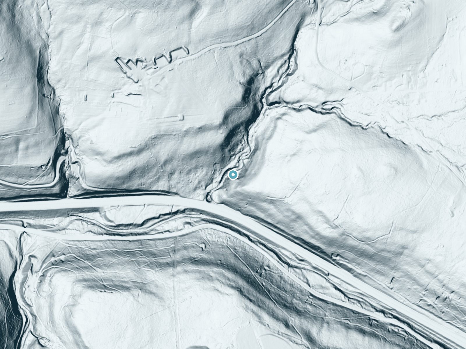 LiDAR bare-earth terrain around Winding Staircase Falls near Geistown, Pennsylvania, showing about 166 feet of drop, a steep tiered drop, facing west