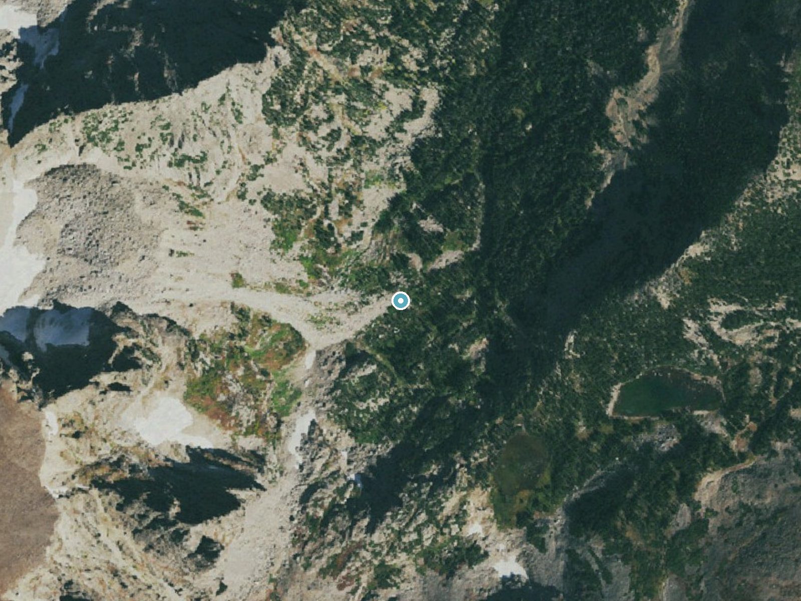 Aerial photo of the same ground around Grace Falls near Grand Lake, Colorado, for comparison with the lidar view