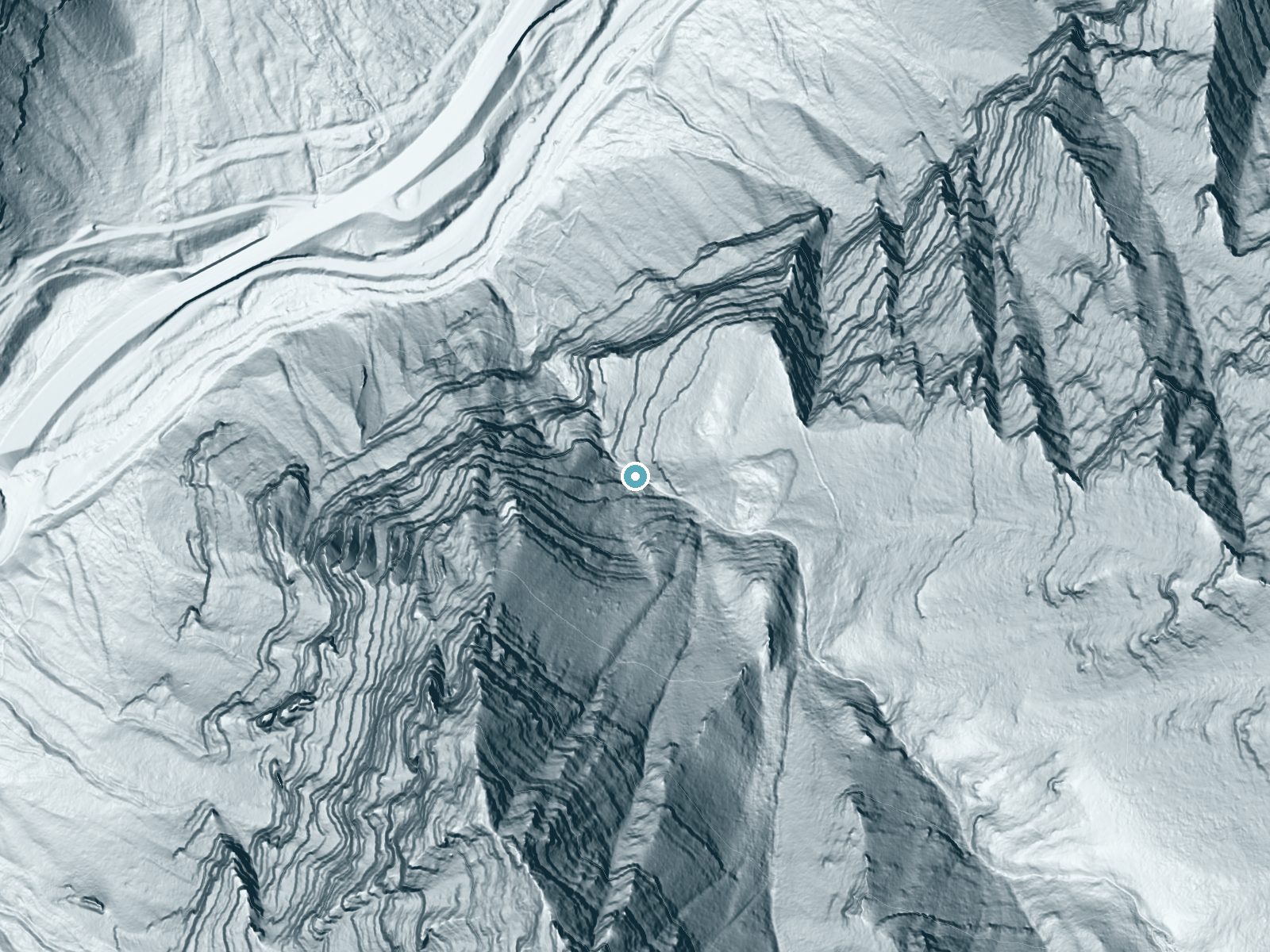 LiDAR bare-earth terrain around Bridal Veil Falls near Sundance, Utah, showing about 355 feet of drop, a steep tiered drop, facing northwest