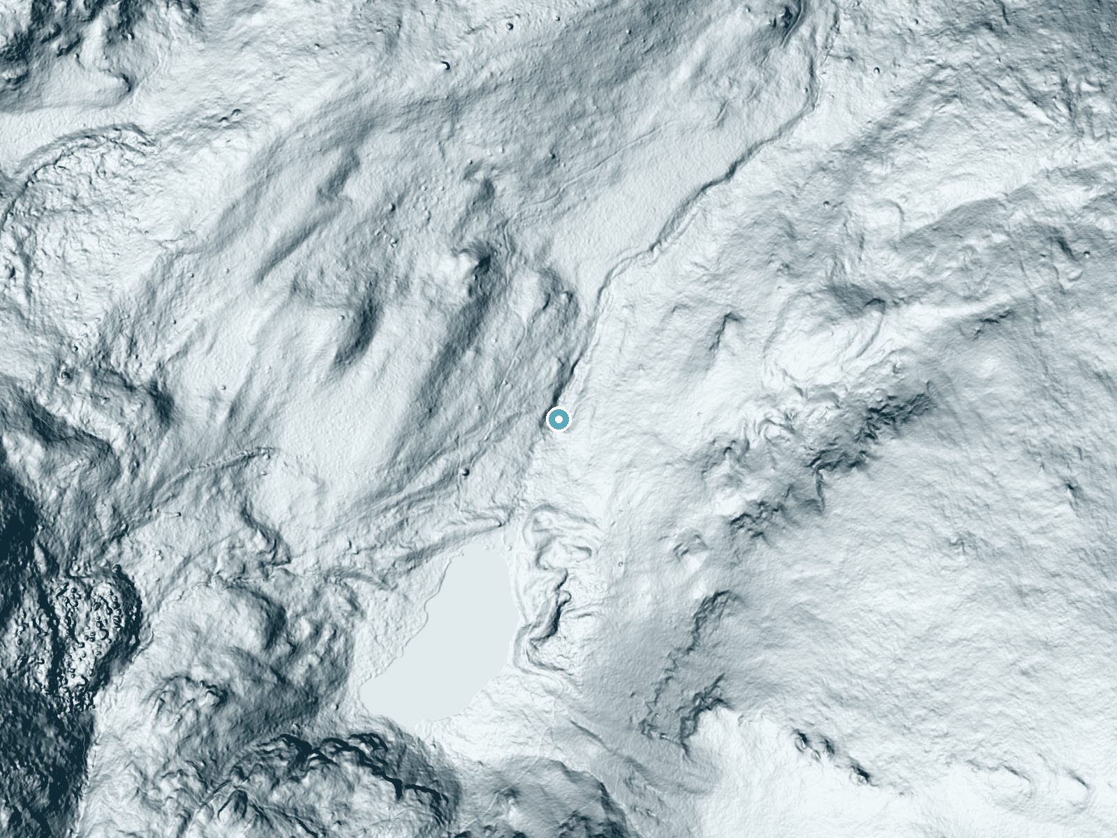LiDAR bare-earth terrain around Marguerite Falls near Estes Park, Colorado, showing about 97 feet of drop, a long cascade, facing north