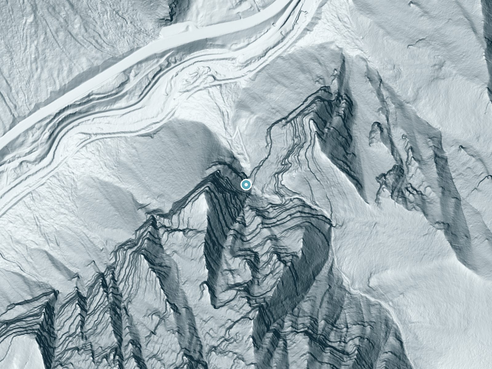 LiDAR bare-earth terrain around Upper Falls near Sundance, Utah, showing about 538 feet of drop, a single sheer drop, facing north