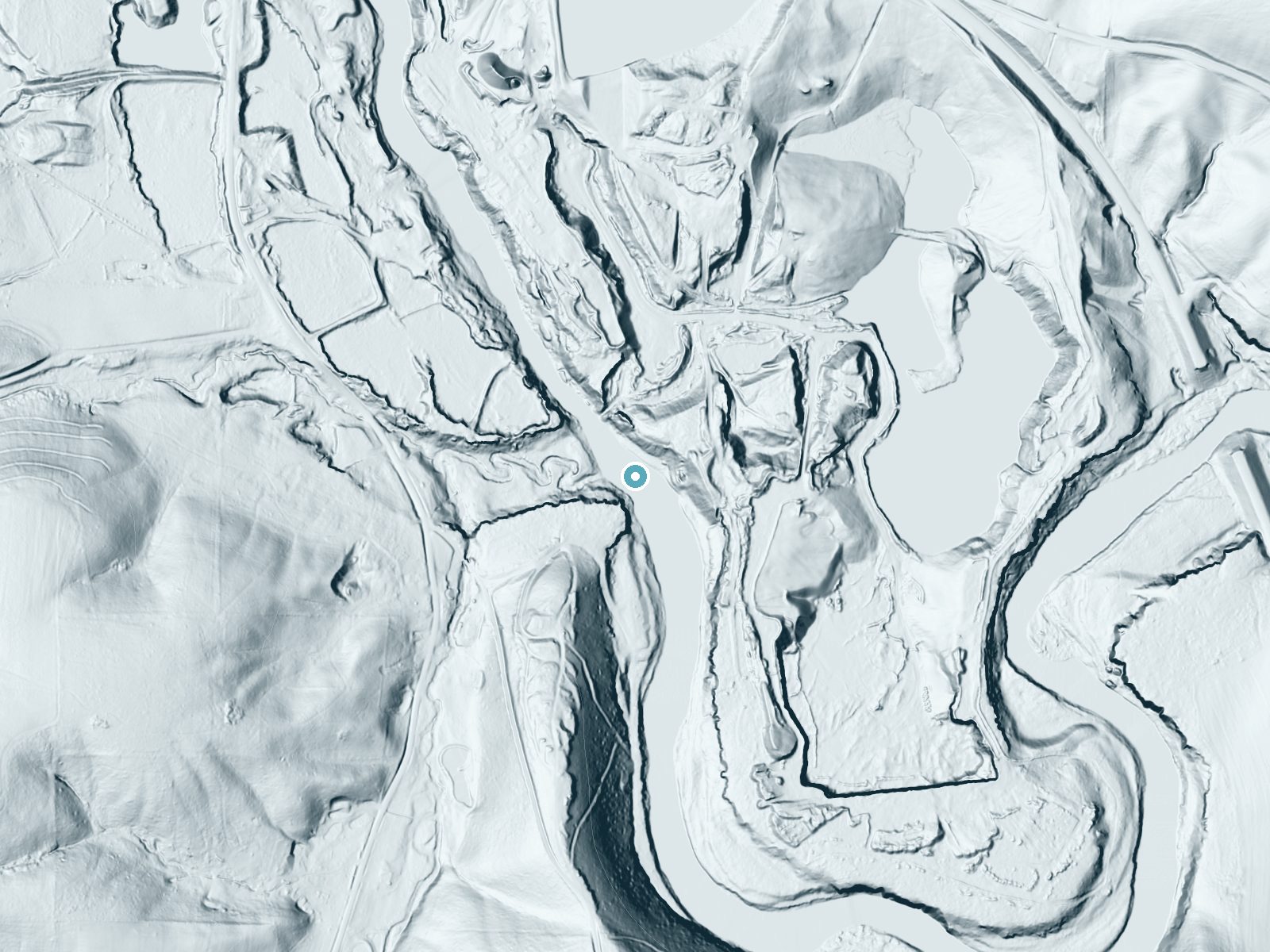 LiDAR bare-earth terrain around Grove Falls near Danville, Ohio, showing about 64 feet of drop, a steep tiered drop, facing southwest