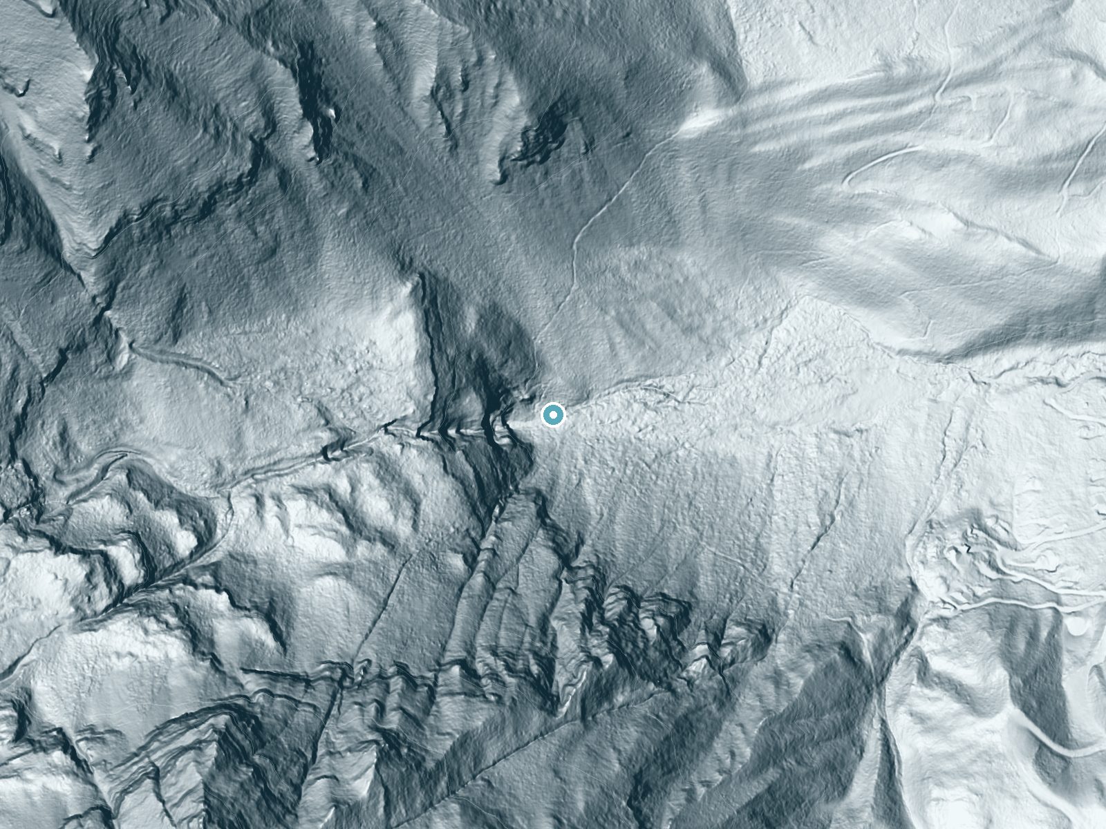 LiDAR bare-earth terrain around Stewarts Cascades near Sundance, Utah, showing about 198 feet of drop, a steep tiered drop, facing east