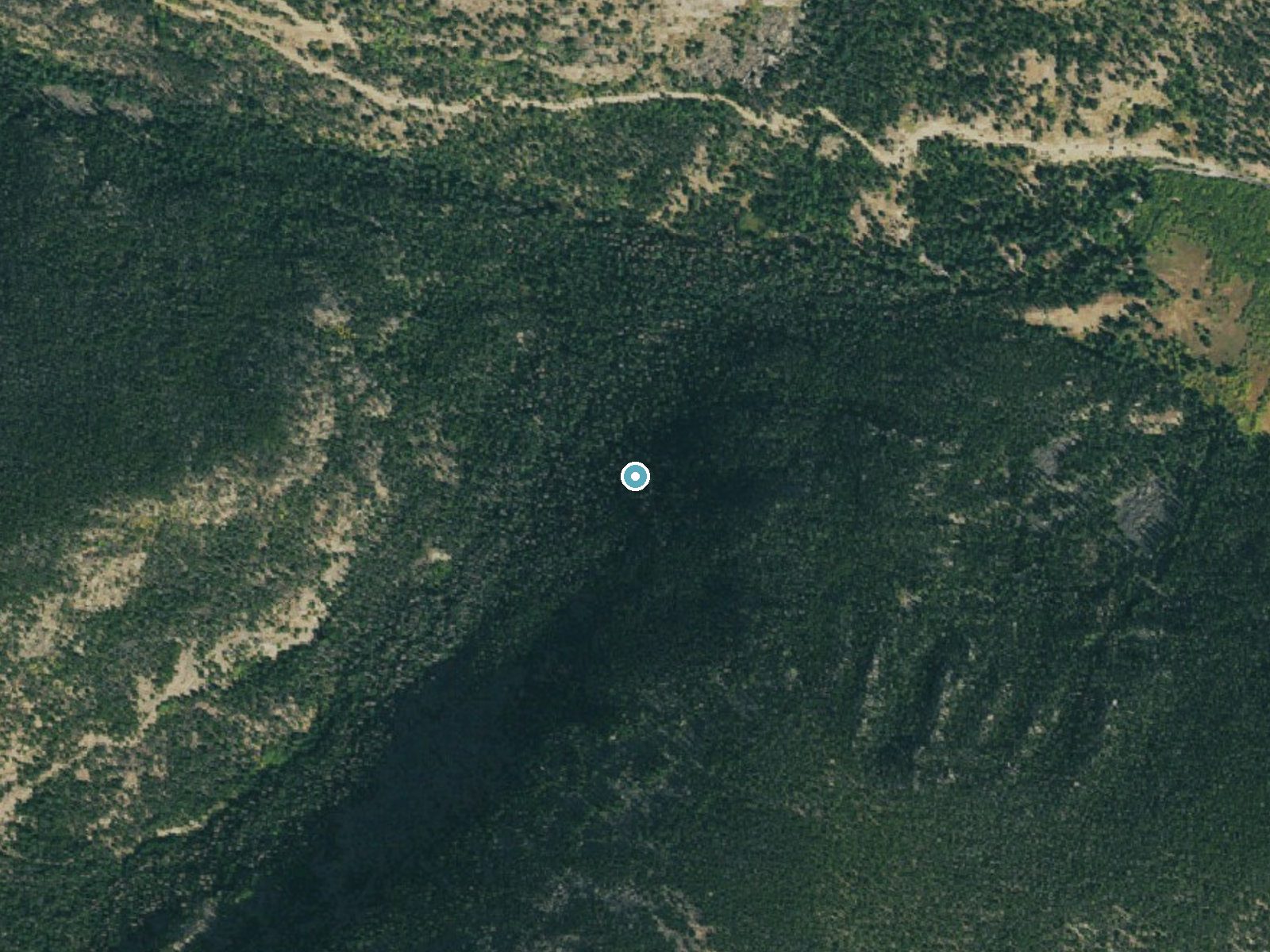 Aerial photo of the same ground around Thousand Falls near Estes Park, Colorado, for comparison with the lidar view