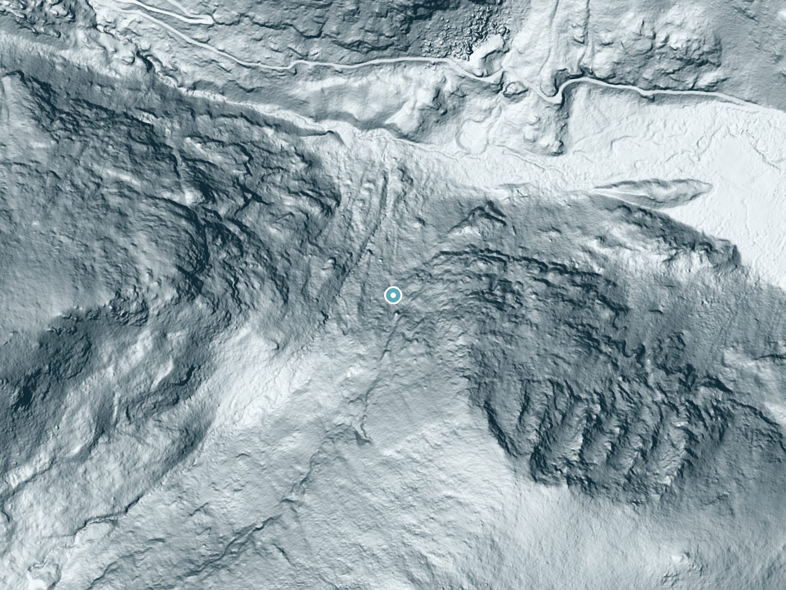 LiDAR bare-earth terrain around Thousand Falls near Estes Park, Colorado, showing about 414 feet of drop, a steep tiered drop, facing north