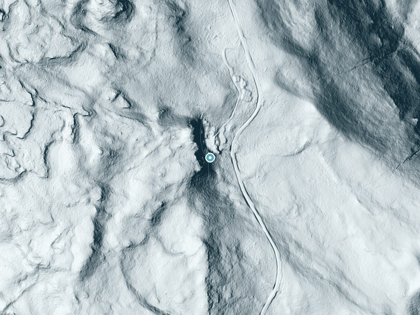 LiDAR bare-earth terrain around Bluff Falls near Mineral, California, showing about 243 feet of drop, a steep tiered drop, facing east